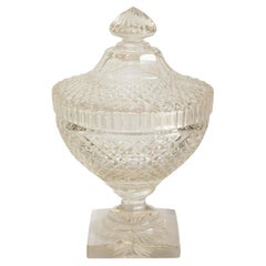 Antique Irish Diamond Cut Clear Crystal Bowl with Lid