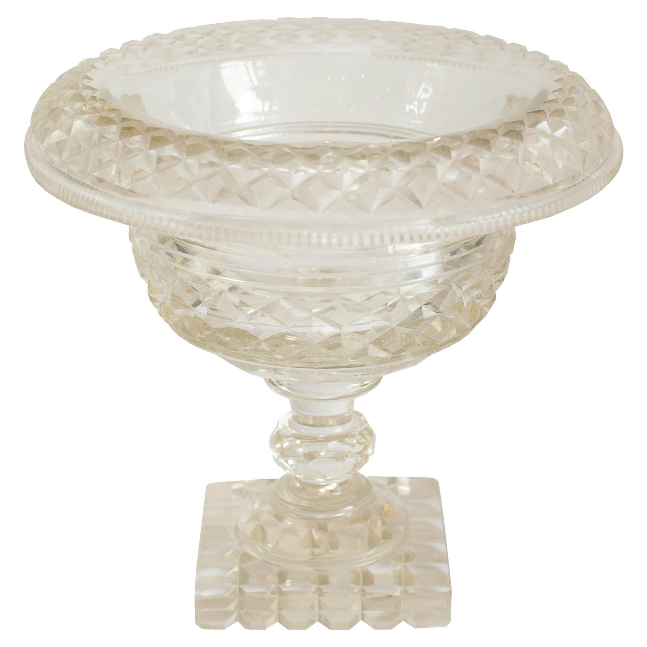 Antique Irish Diamond Cut Clear Cut Crystal Bowl with Rolled Edge For Sale