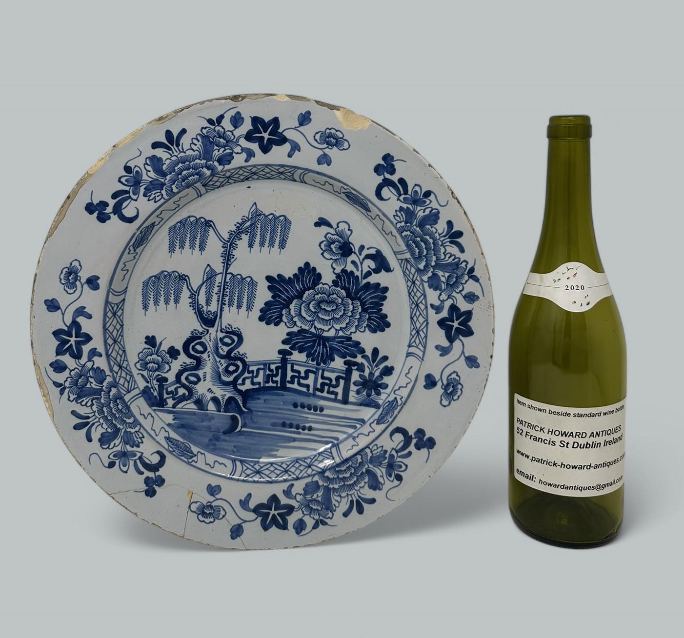 Antique Irish Dublin Delftware Blue White Charger Plate Delamain Ireland 18thCt en venta 1