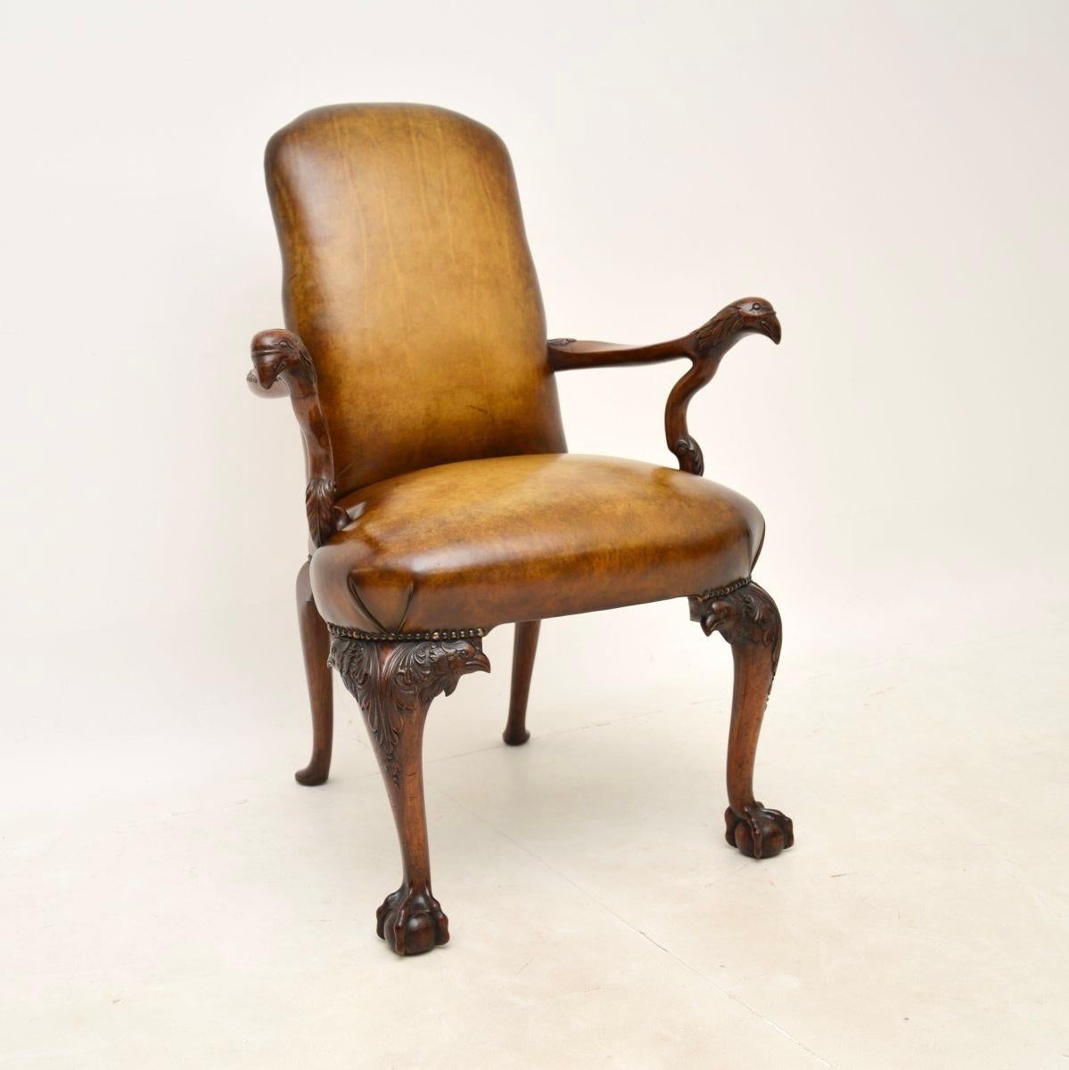 An absolutely magnificent antique Irish Georgian period walnut and leather armchair. This was made in Ireland, we would date it to around the 1750-1780 period.

This is the finest example you could hope to see, widely copied and rarely seen in its
