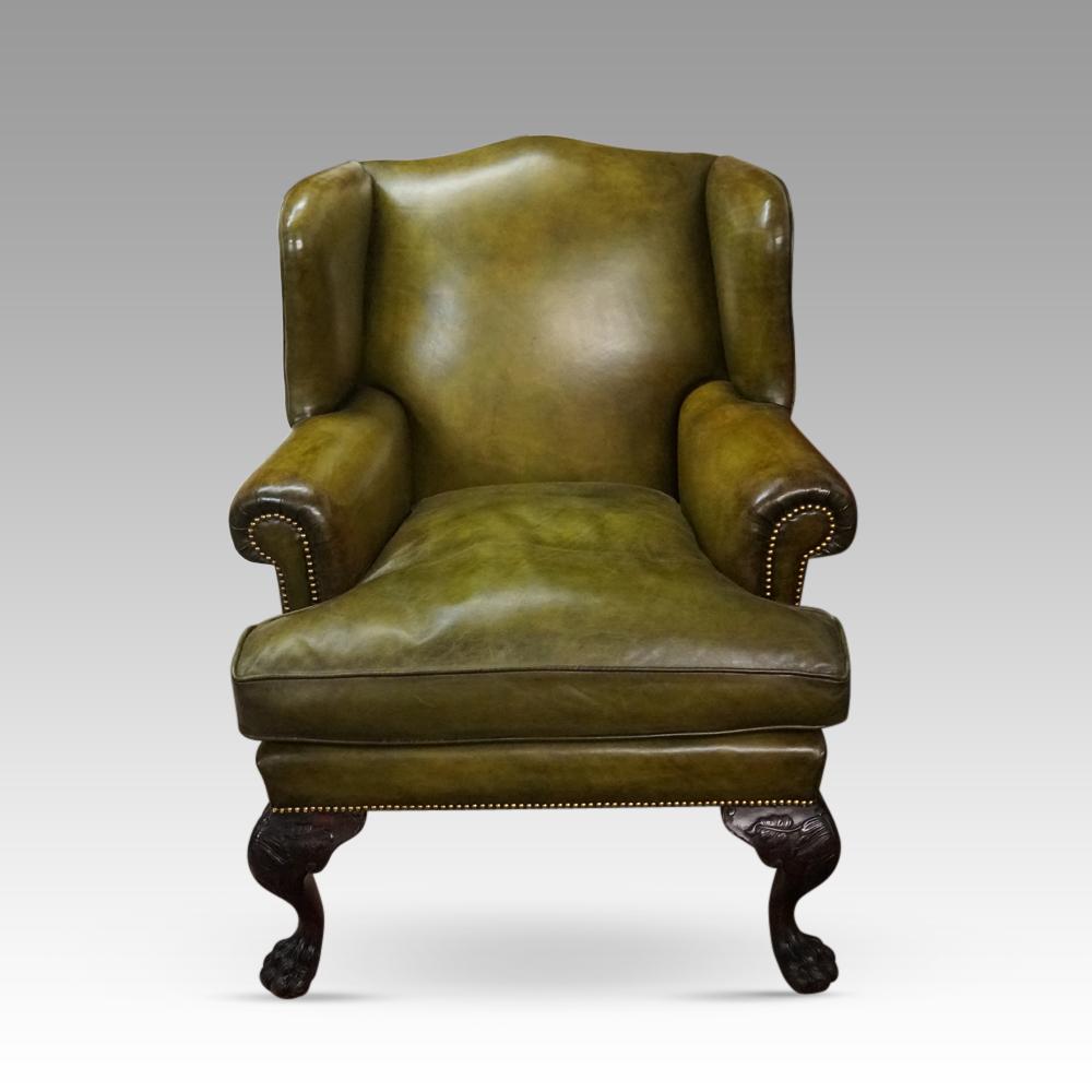 Antique Irish green leather wingchairs For Sale 2