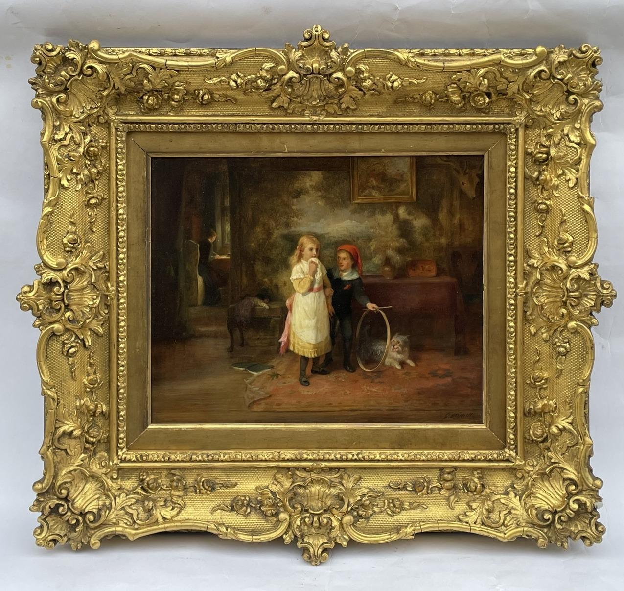19th Century Antique Irish Ireland Painting George Bernard O'Neill Oil Board Giltwood Frame  For Sale
