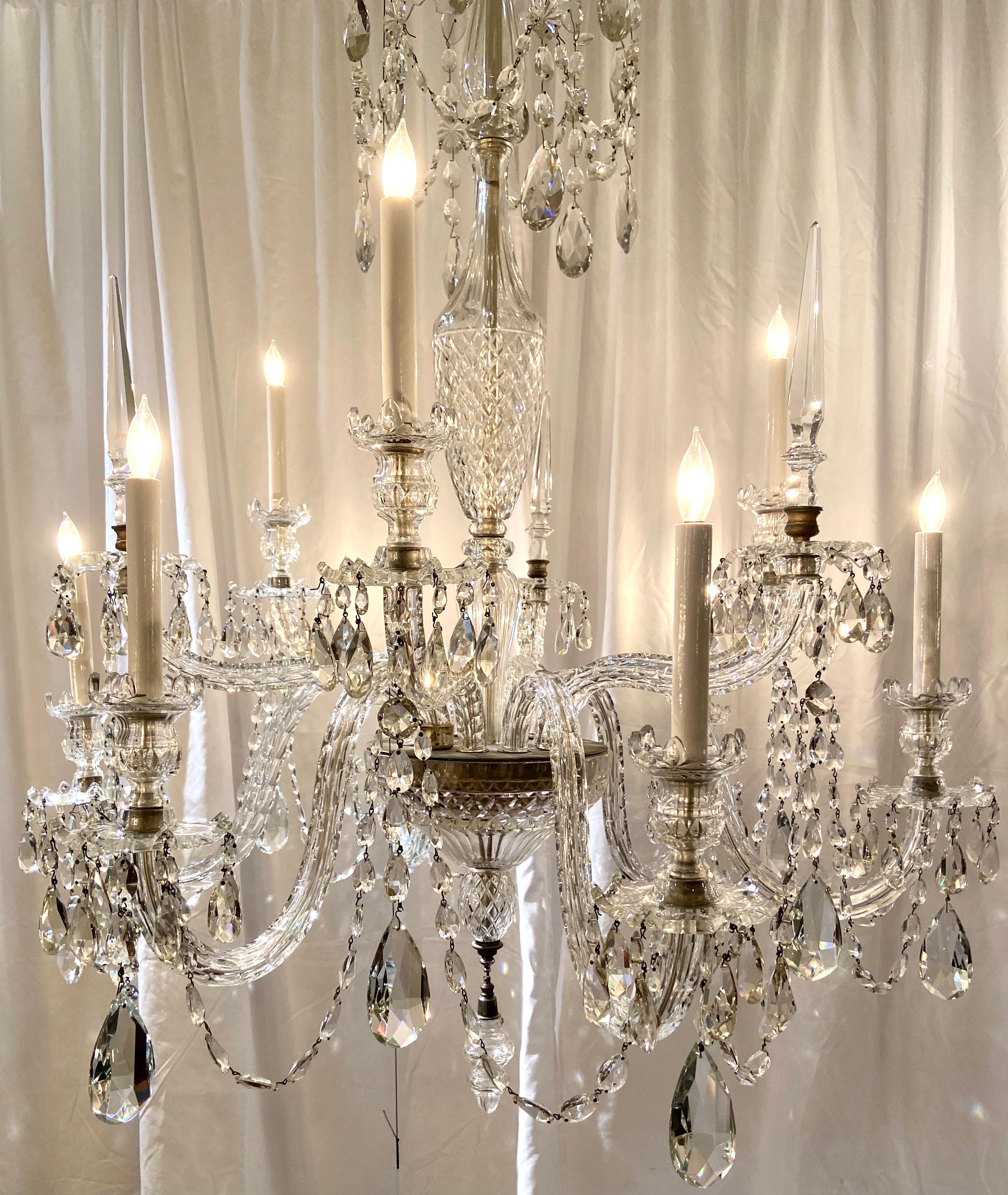 Finest antique turn of the century Irish lead crystal two-tier 9-light chandelier, Circa 1890-1910.