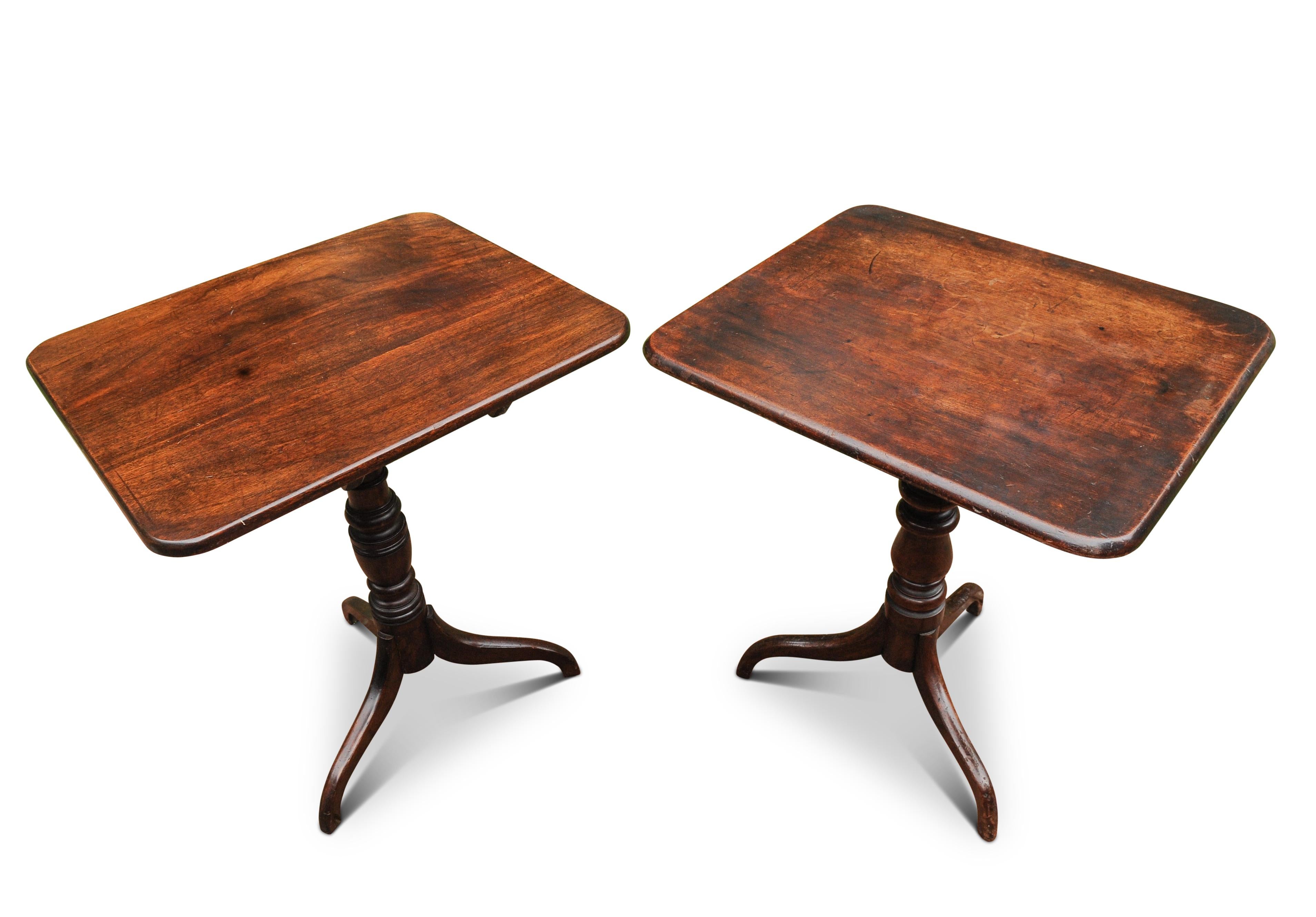 Antique Irish Georgian Mahogany Tilt Top Tables On Turned Pedestals With Tripod Bases 1700's

Table 1 
Height to table top 71cm
Table top Width 60cm 
Table top Depth  53cm
Height when in flat pack mode 102cm

Table 2 
Height to table top