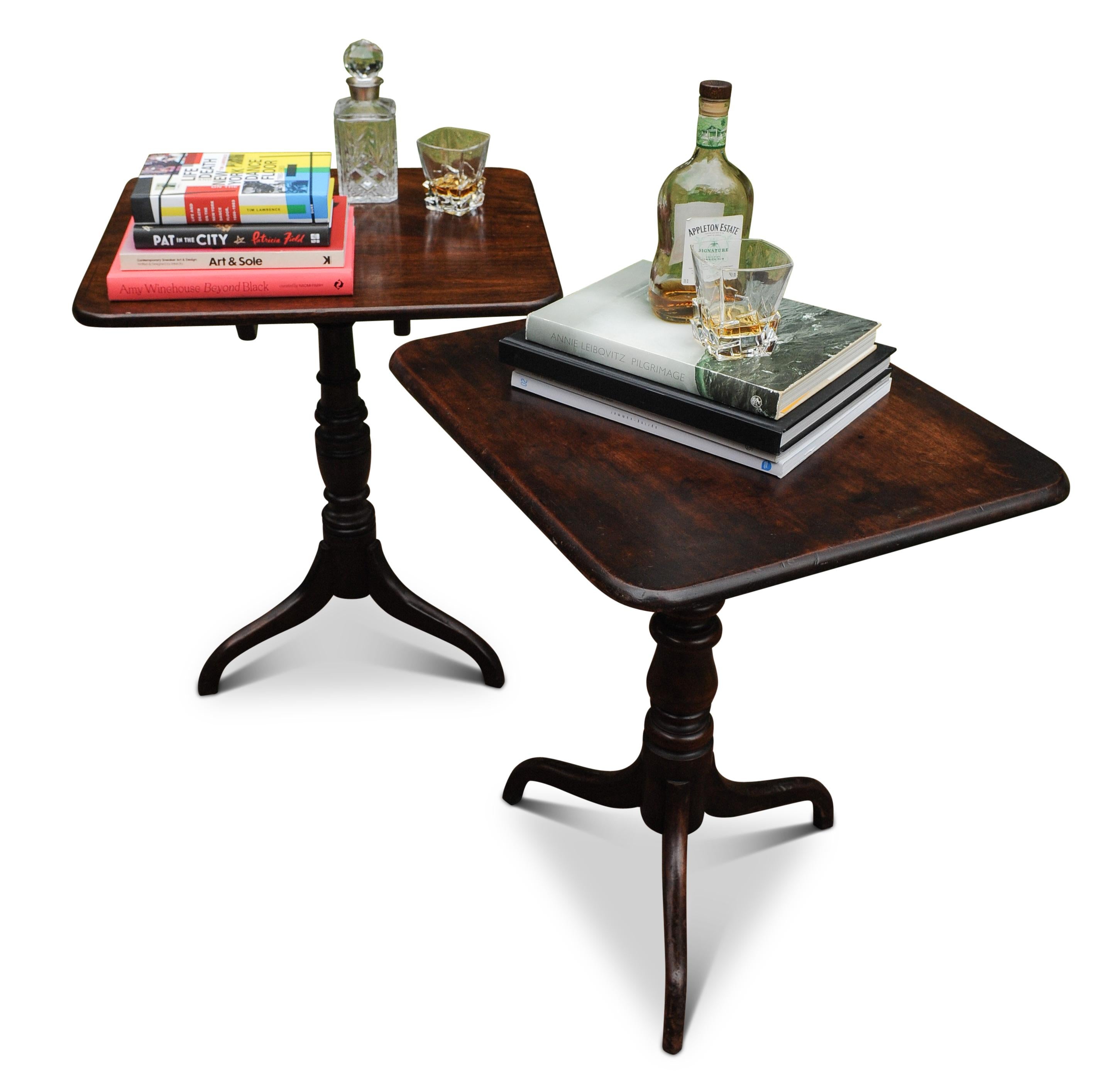 Brass Antique Irish Mahogany Tilt Top Tables On Turned Pedestals Near Pair For Sale
