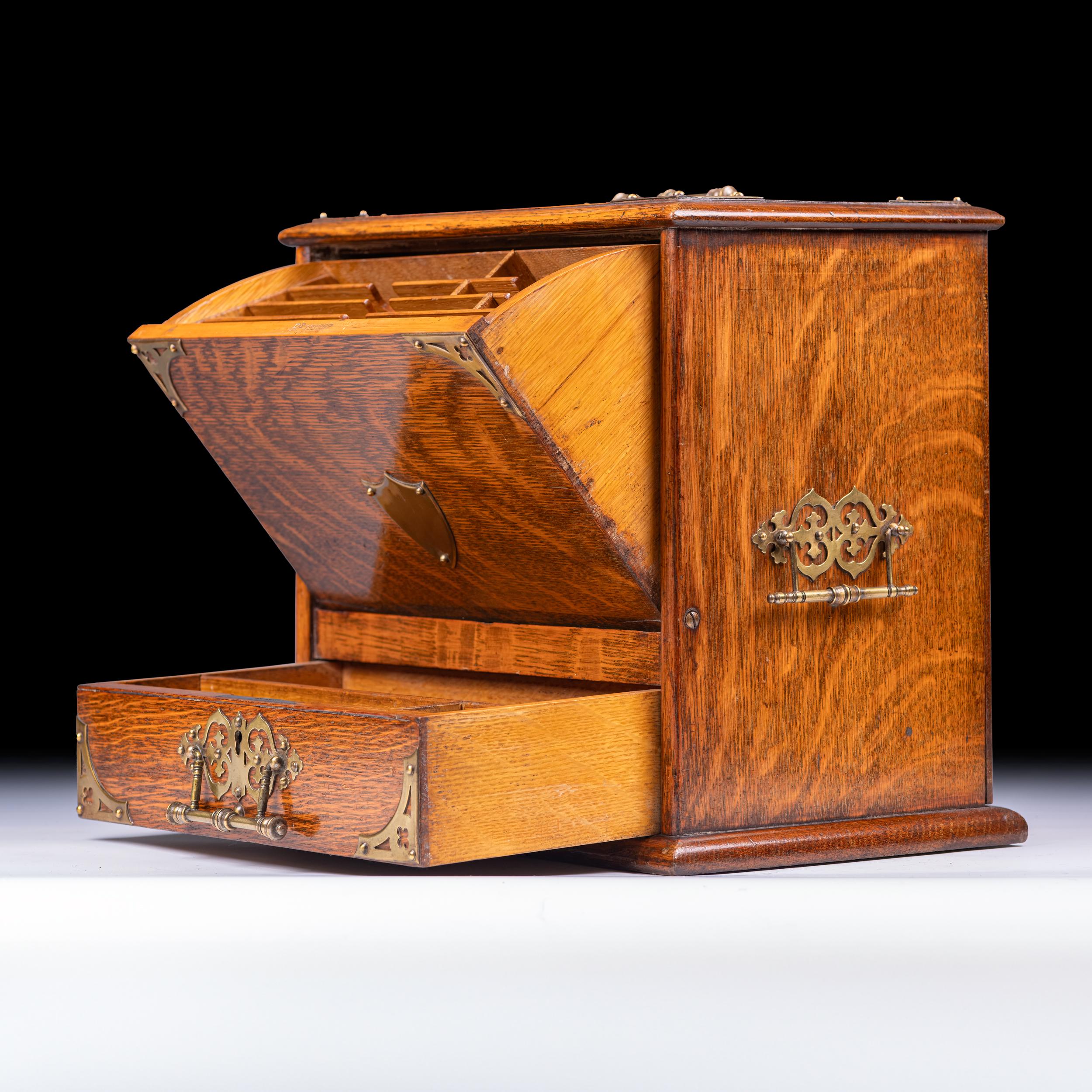 English Antique Irish Oak & Brass Bound Stationary Letter Box For Sale