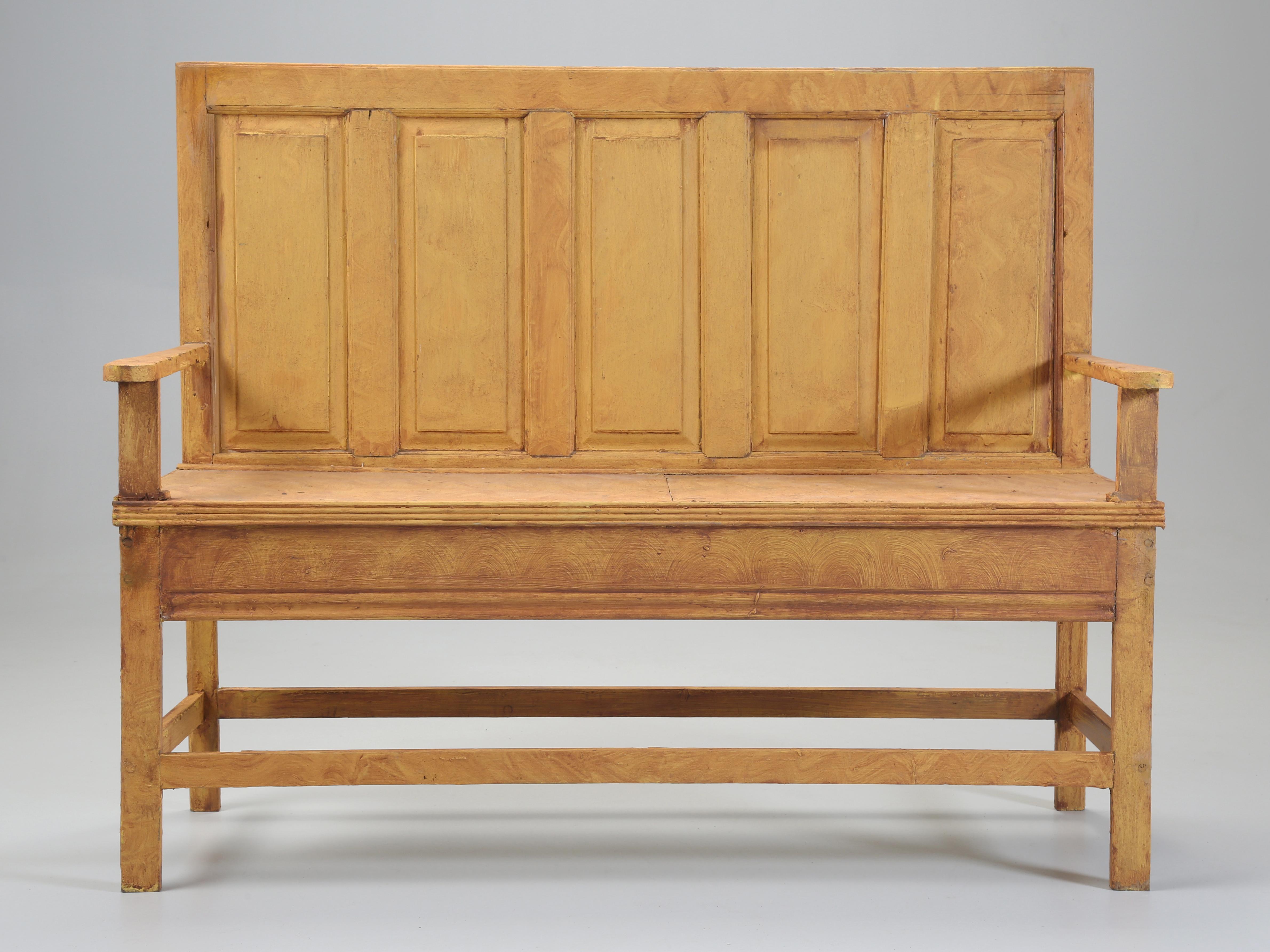 Antique Irish Scumbled Pine Bench. Scumbled which is defined as; “applying a painted pattern to the finish of a piece of furniture, which is commonly pine to simulate the woodgrain of another timber.” This Irish Pine Bench we believe dates from the