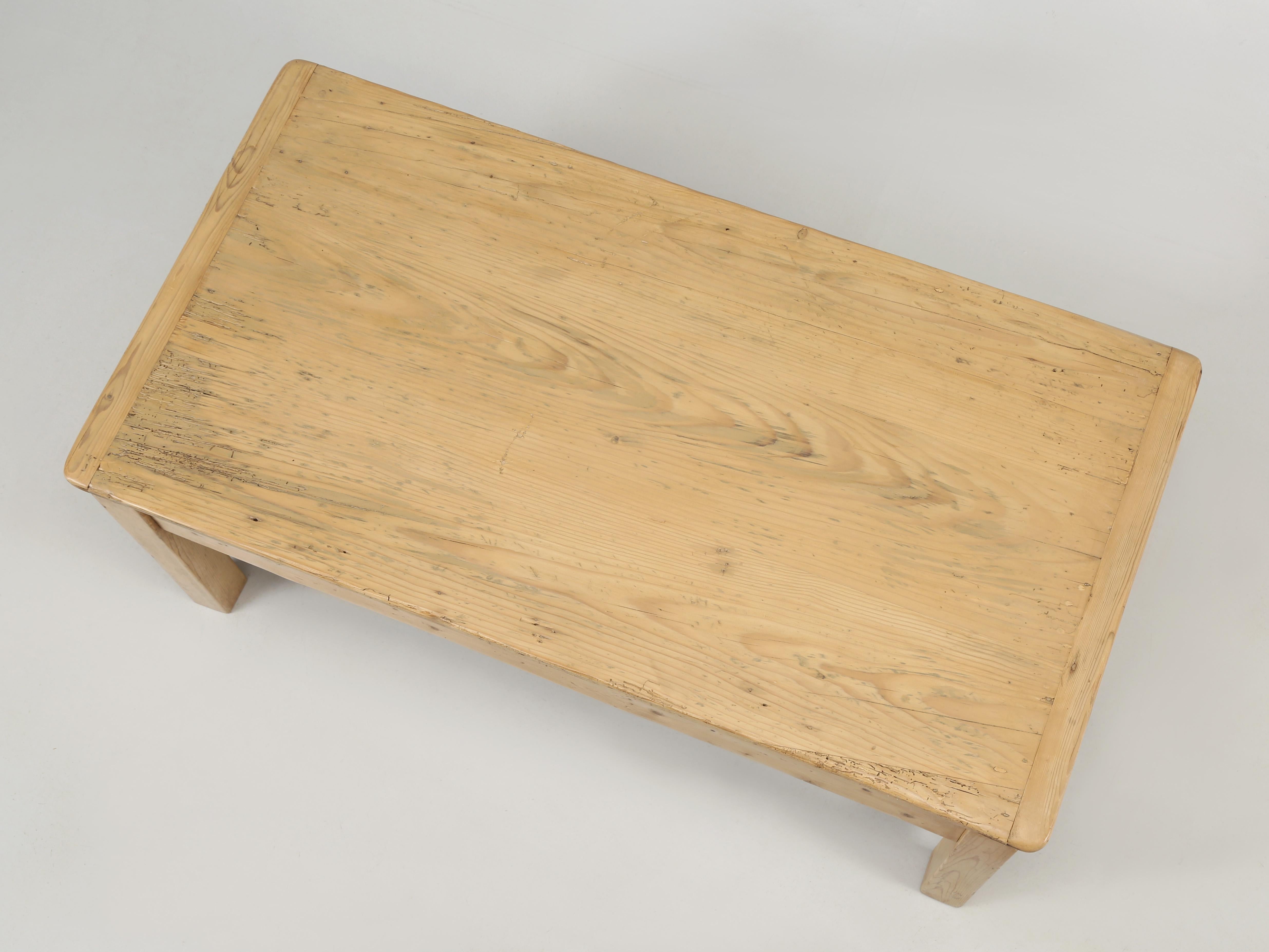 Antique Irish scrubbed pine coffee table that was originally born as a small kitchen table. The history of the coffee table may have originated from the Ottoman Empire, where low tables were used in the Japanese tea gardens. However, they were never