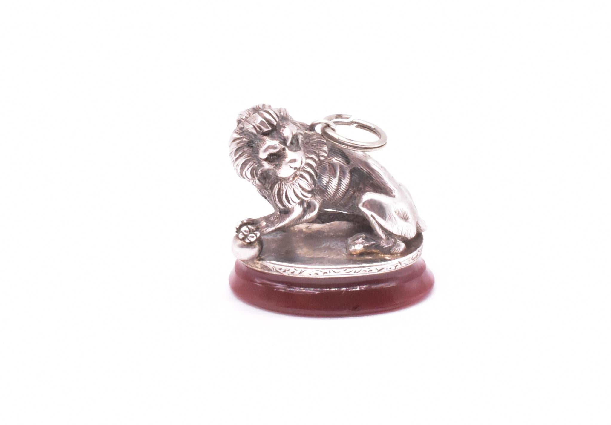 This wonderful sterling lion fob seal is a replica in miniature of the Medici lion sculptures which guarded the steps to the Villa Medici in Rome. The lions were moved to Florence in 1789 but continue to be a symbol of Florence and the Medici