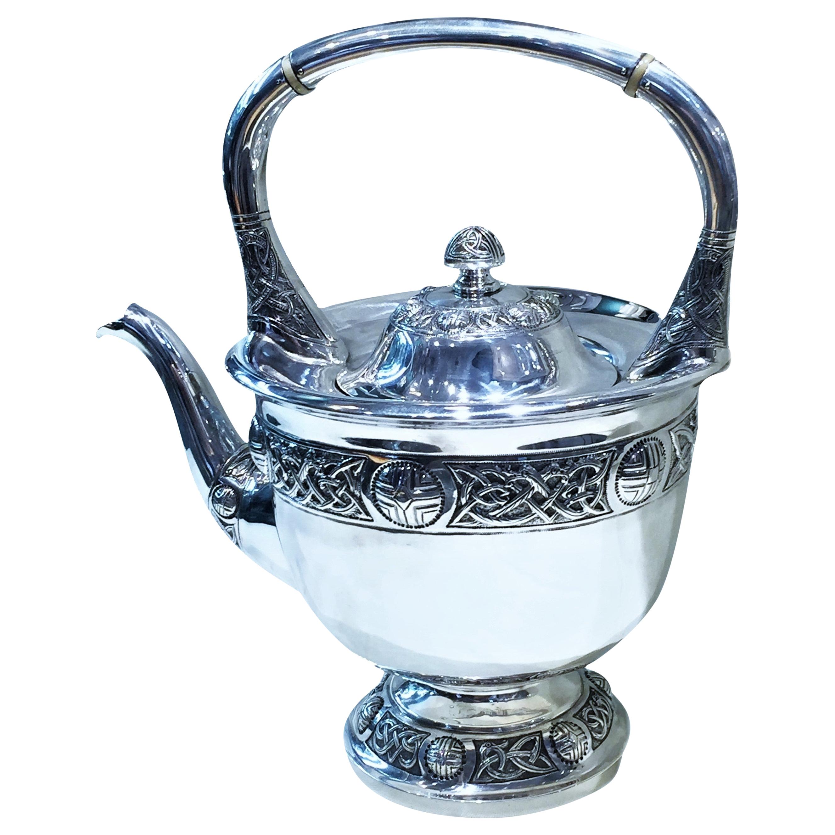 Antique Irish Silver Teapot with Celtic Tracery, circa 1900s For Sale