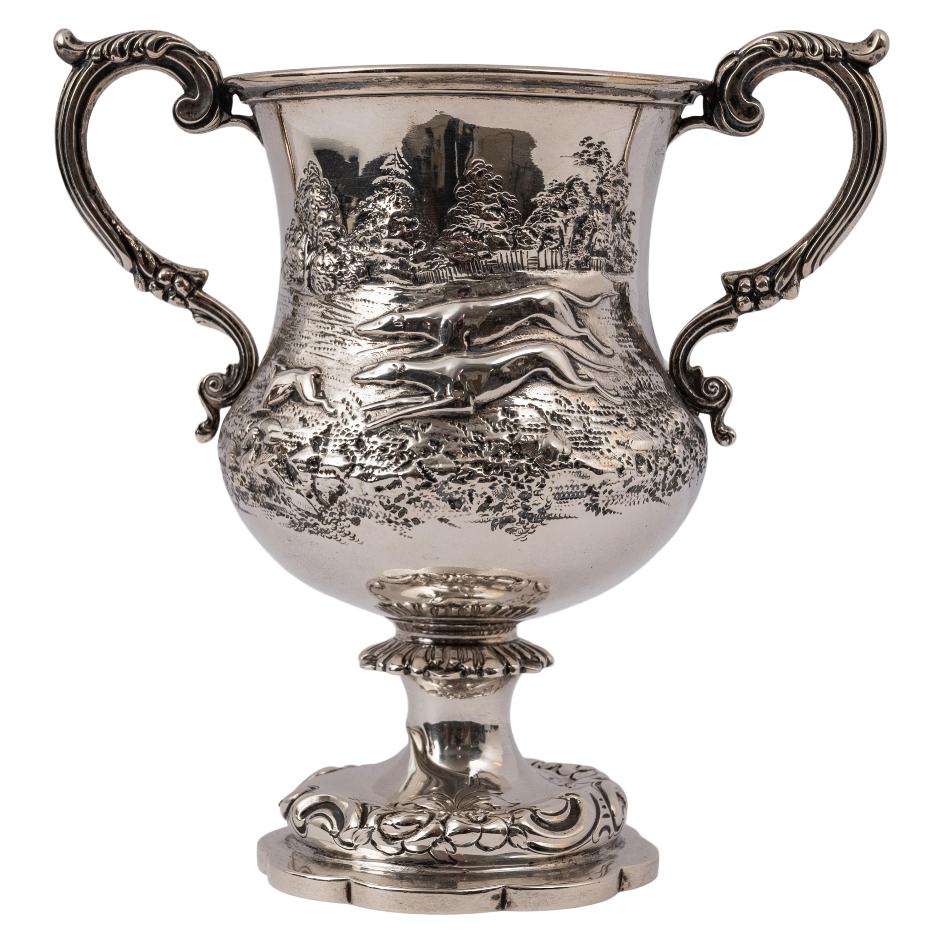 Repoussé Antique Irish Sterling Silver Chalice Dog Hare Coursing Hunting Trophy Dublin