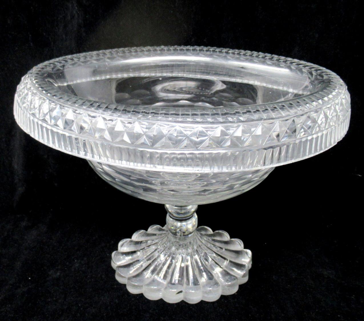 An impressive George III hand cut full led Irish Crystal Pedestal Turn-over Bowl of oval outline and unusually large proportions. Made by the Old Waterford Glass Company, County Tipperary in Ireland. Late Eighteenth, early nineteenth century.