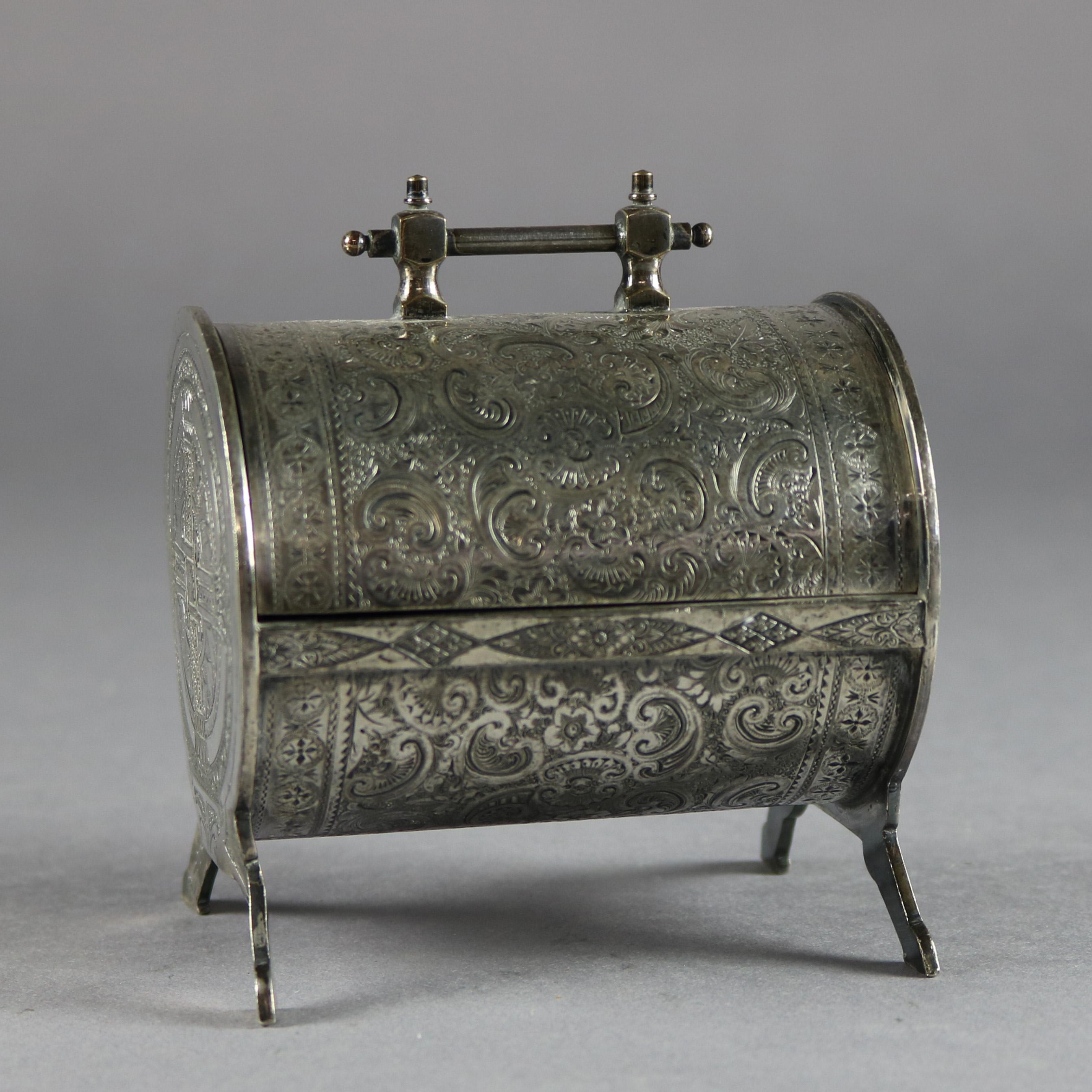 Etched Antique Irish Victorian Silver Plate Felt Lined & Footed Casket, circa 1880