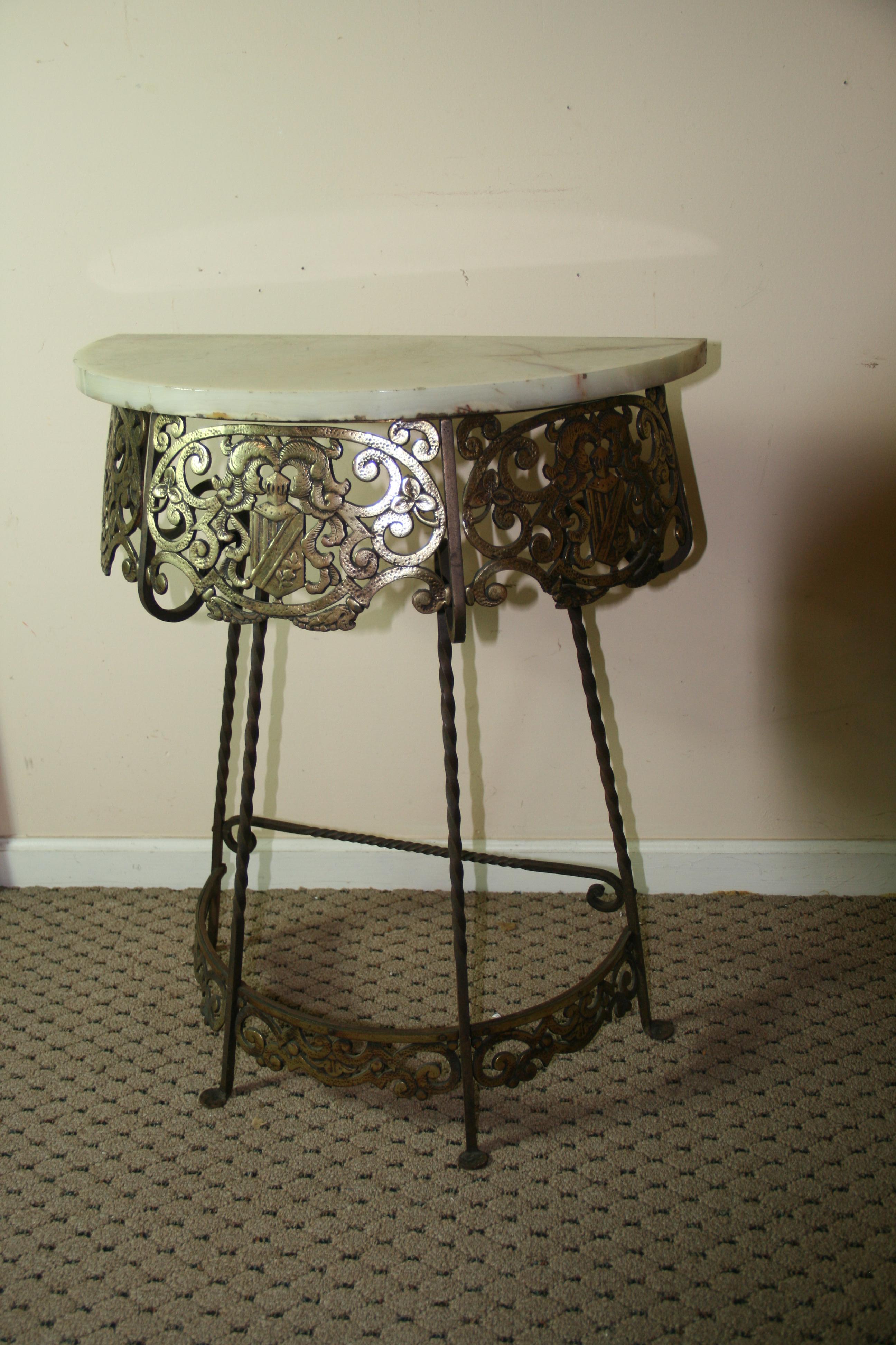 Antique Iron and Brass Heraldry Demi lune Console with Onyx Top 7