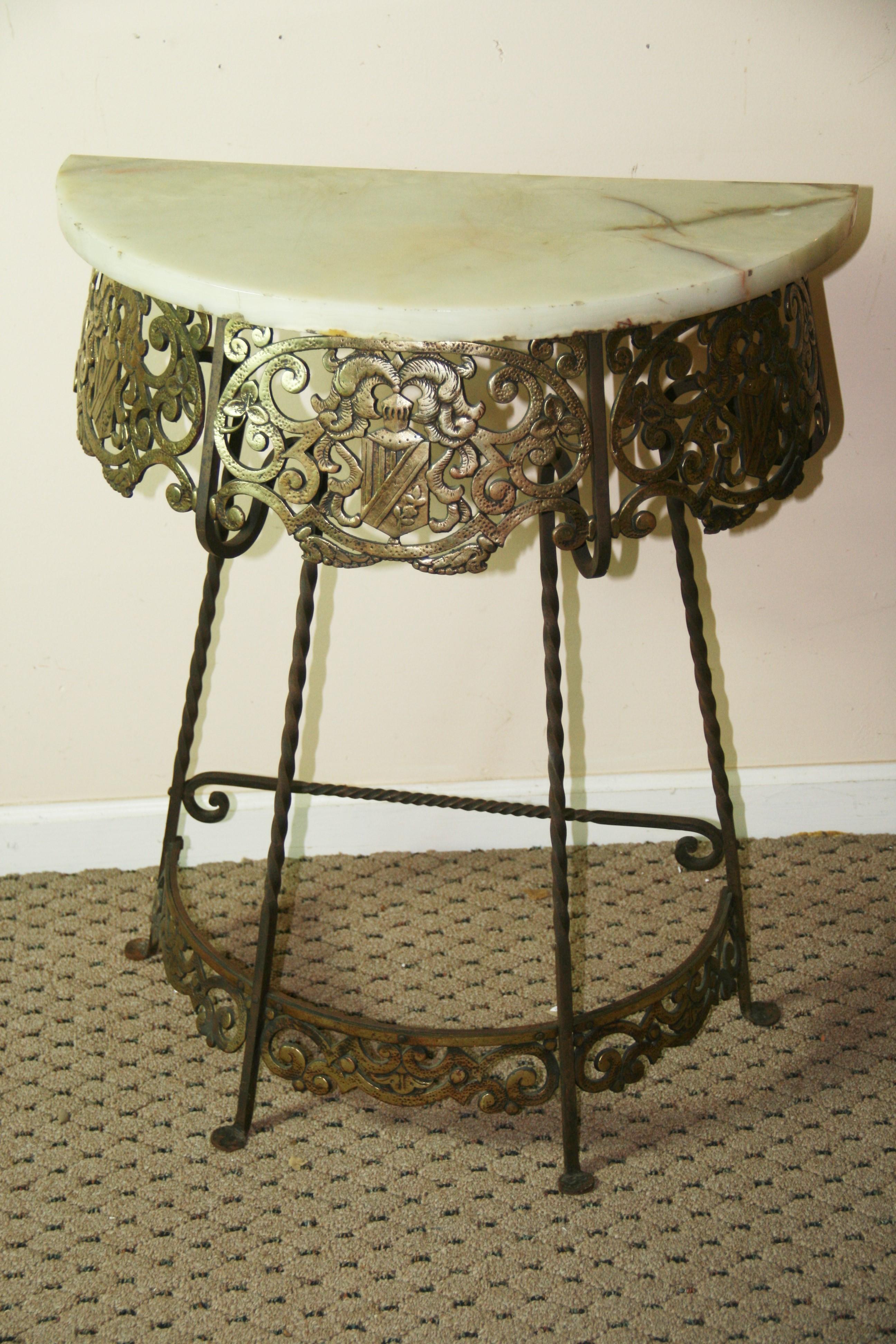 Mid-20th Century Antique Iron and Brass Heraldry Demi lune Console with Onyx Top