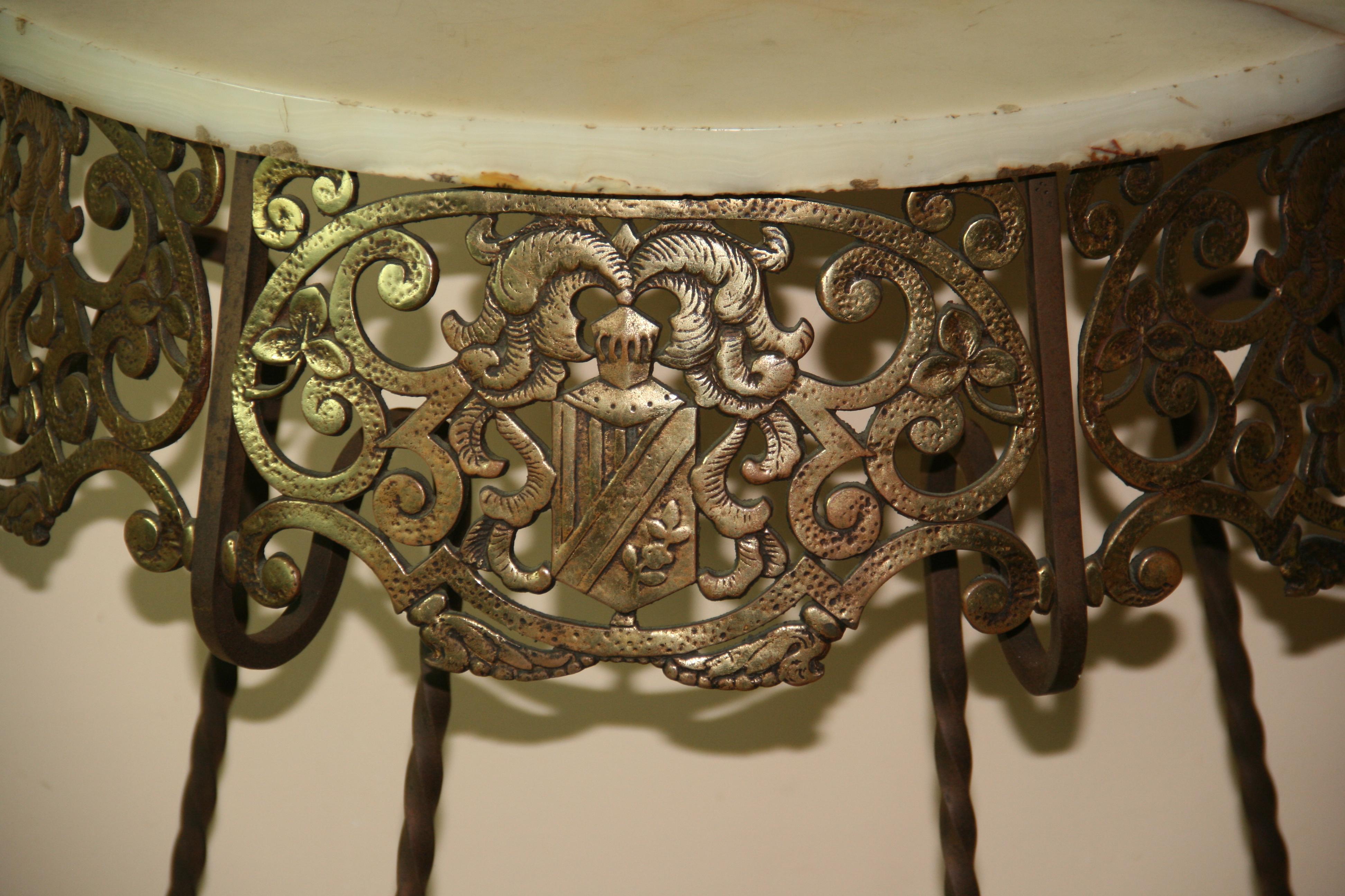 Antique Iron and Brass Heraldry Demi lune Console with Onyx Top 1