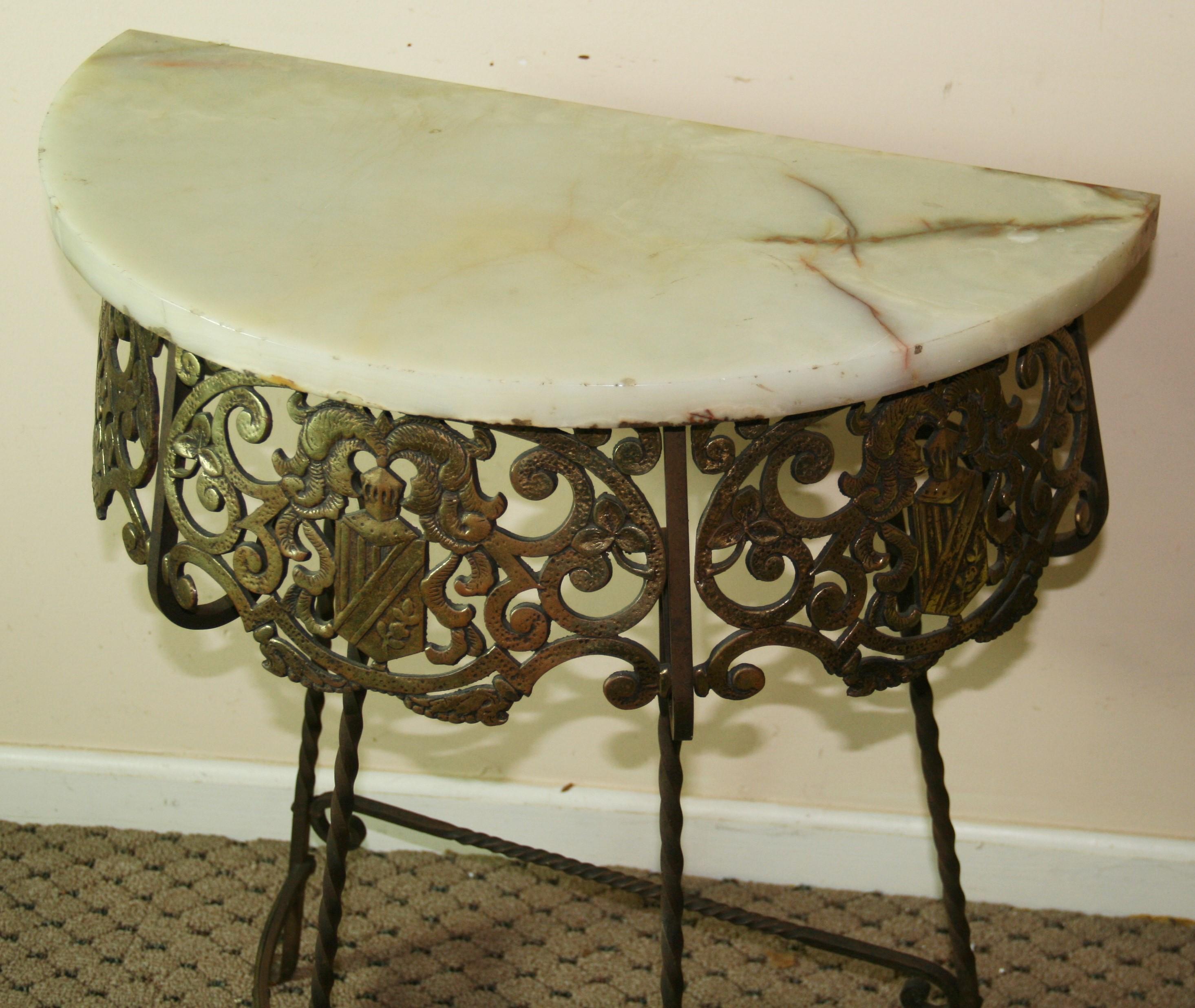 Antique Iron and Brass Heraldry Demi lune Console with Onyx Top 3