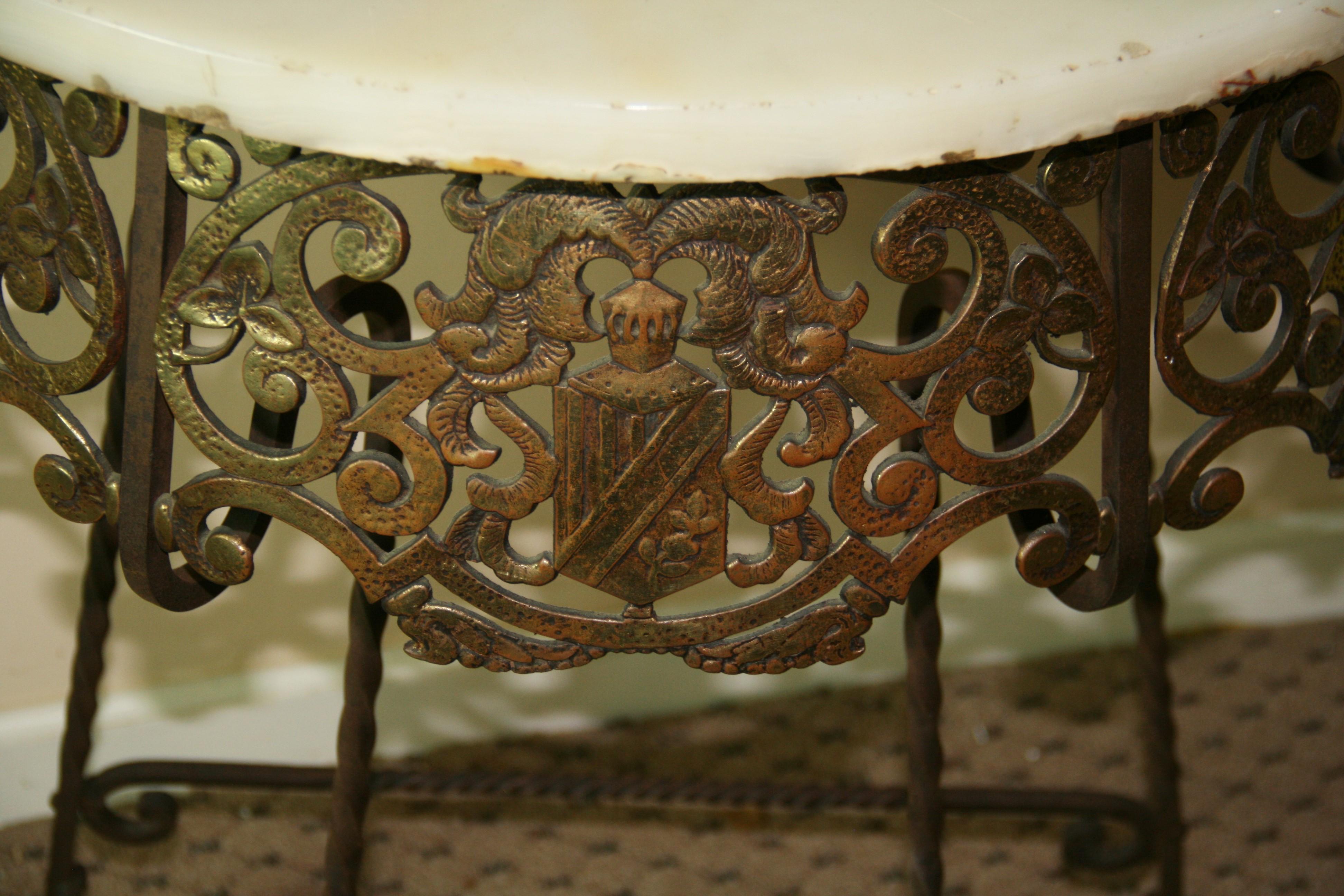 Antique Iron and Brass Heraldry Demi lune Console with Onyx Top 5