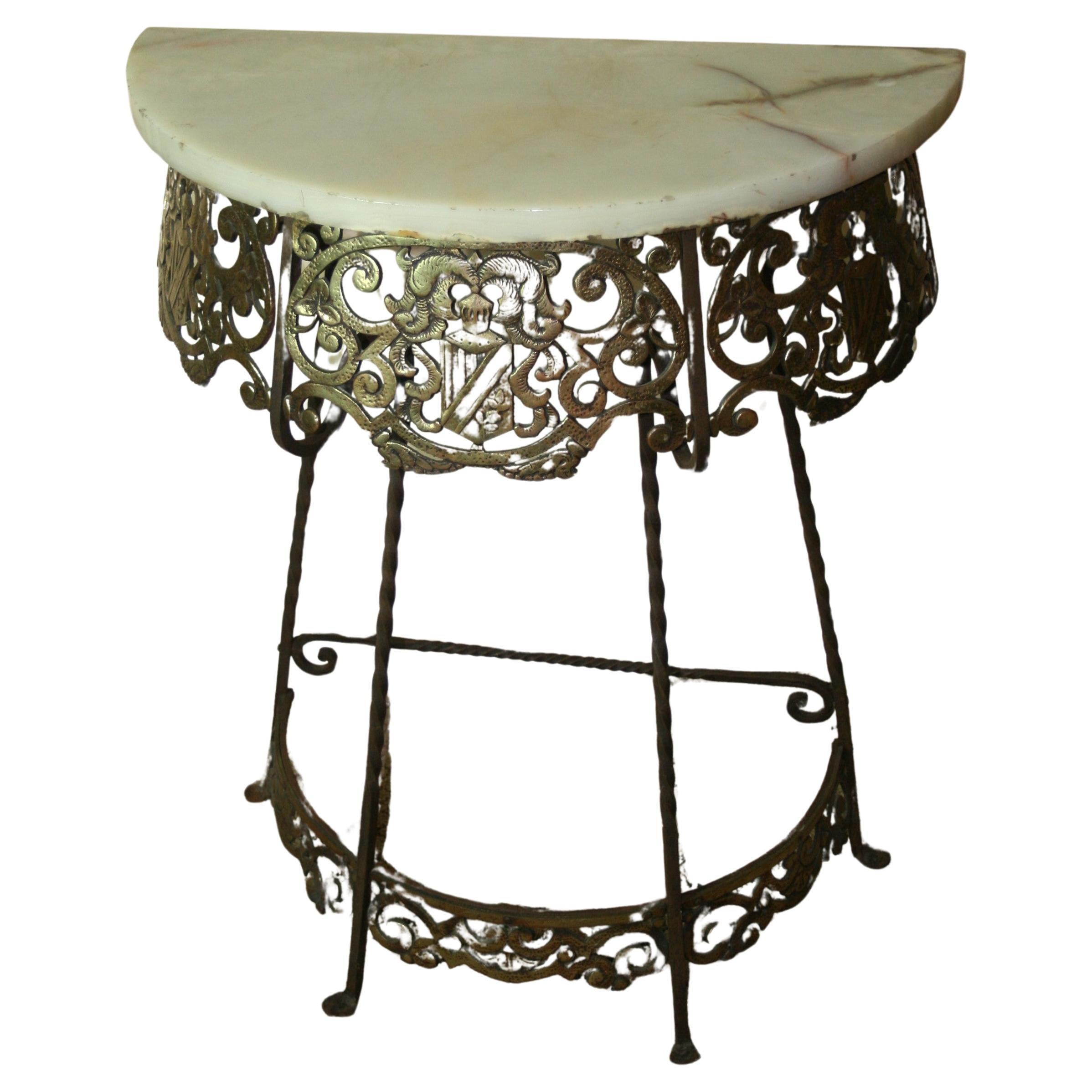 Antique Iron and Brass Heraldry Demi lune Console with Onyx Top