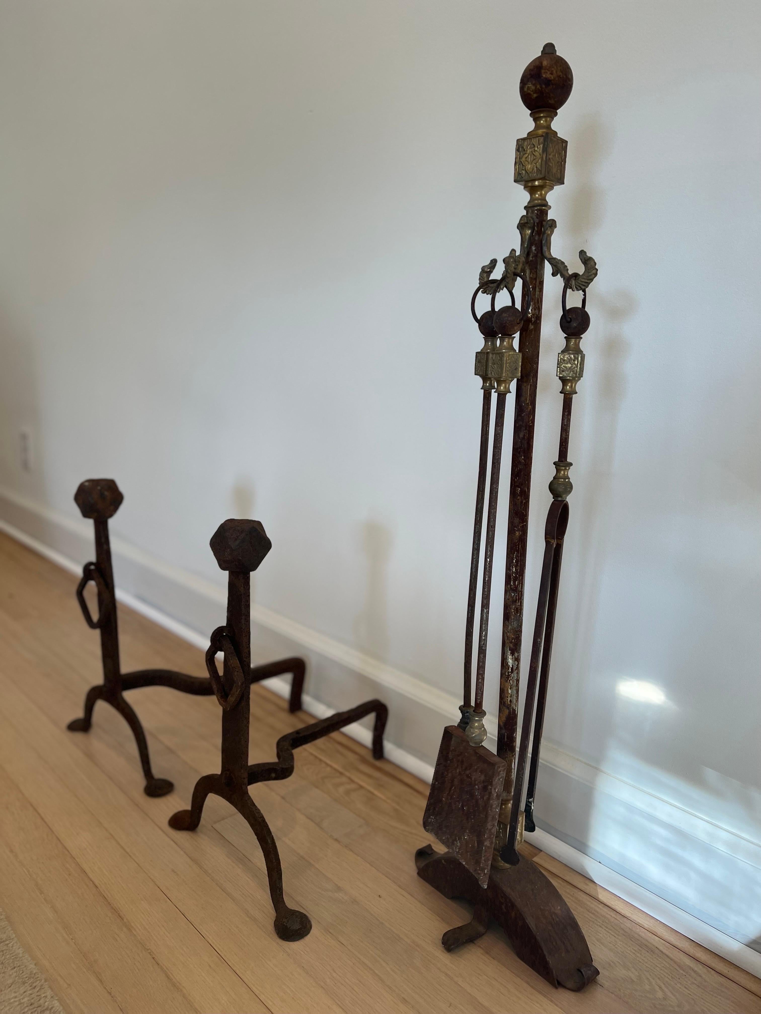 French Provincial Antique Iron and Brass Fireplace Tools with Andirons  For Sale