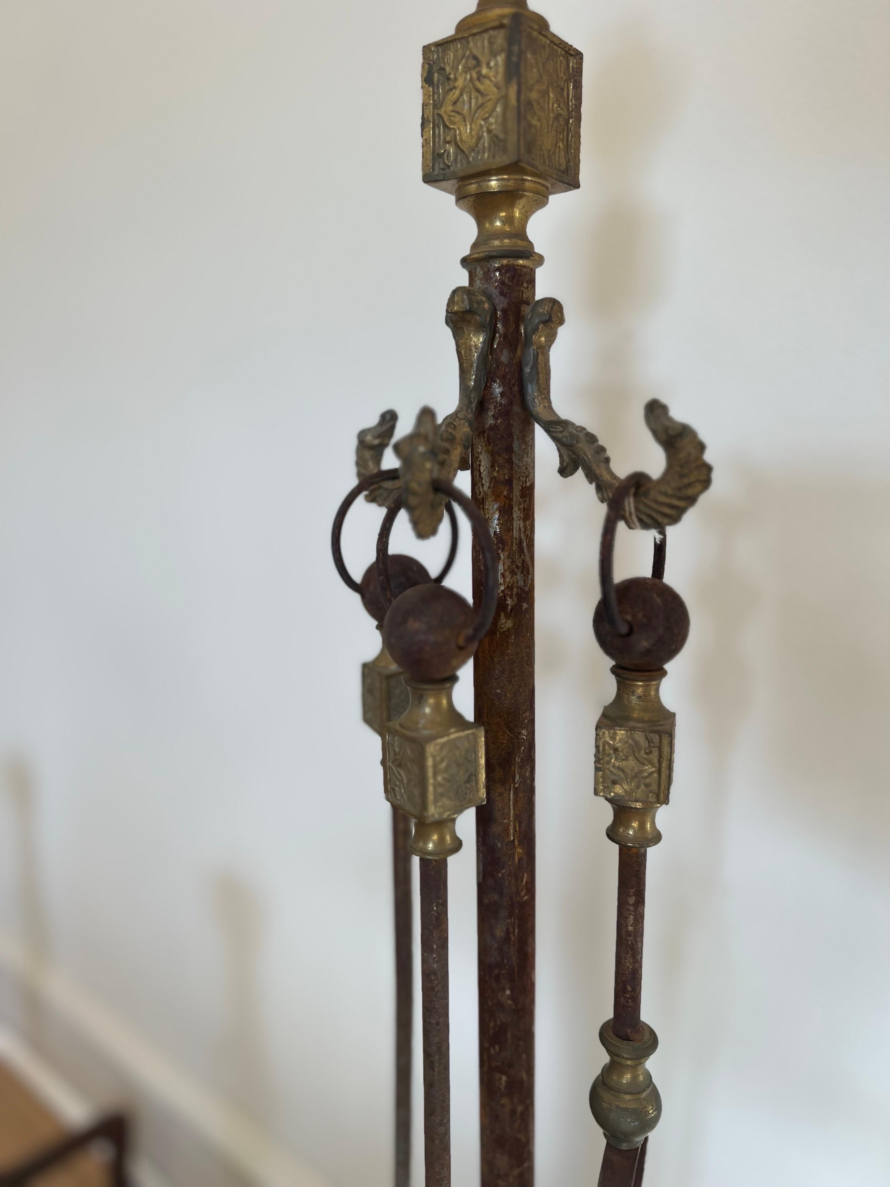 French Antique Iron and Brass Fireplace Tools with Andirons  For Sale