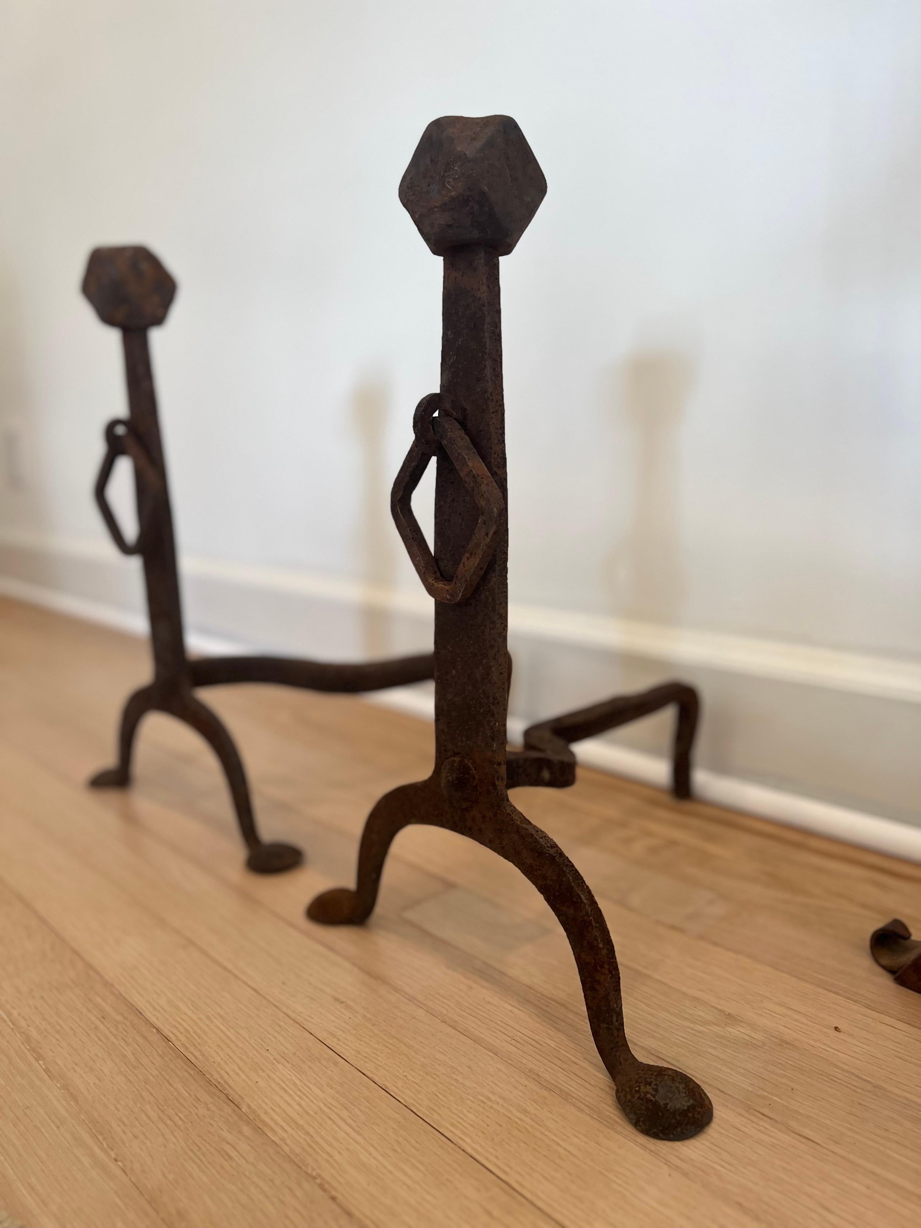 Antique Iron and Brass Fireplace Tools with Andirons  In Good Condition For Sale In Los Angeles, CA