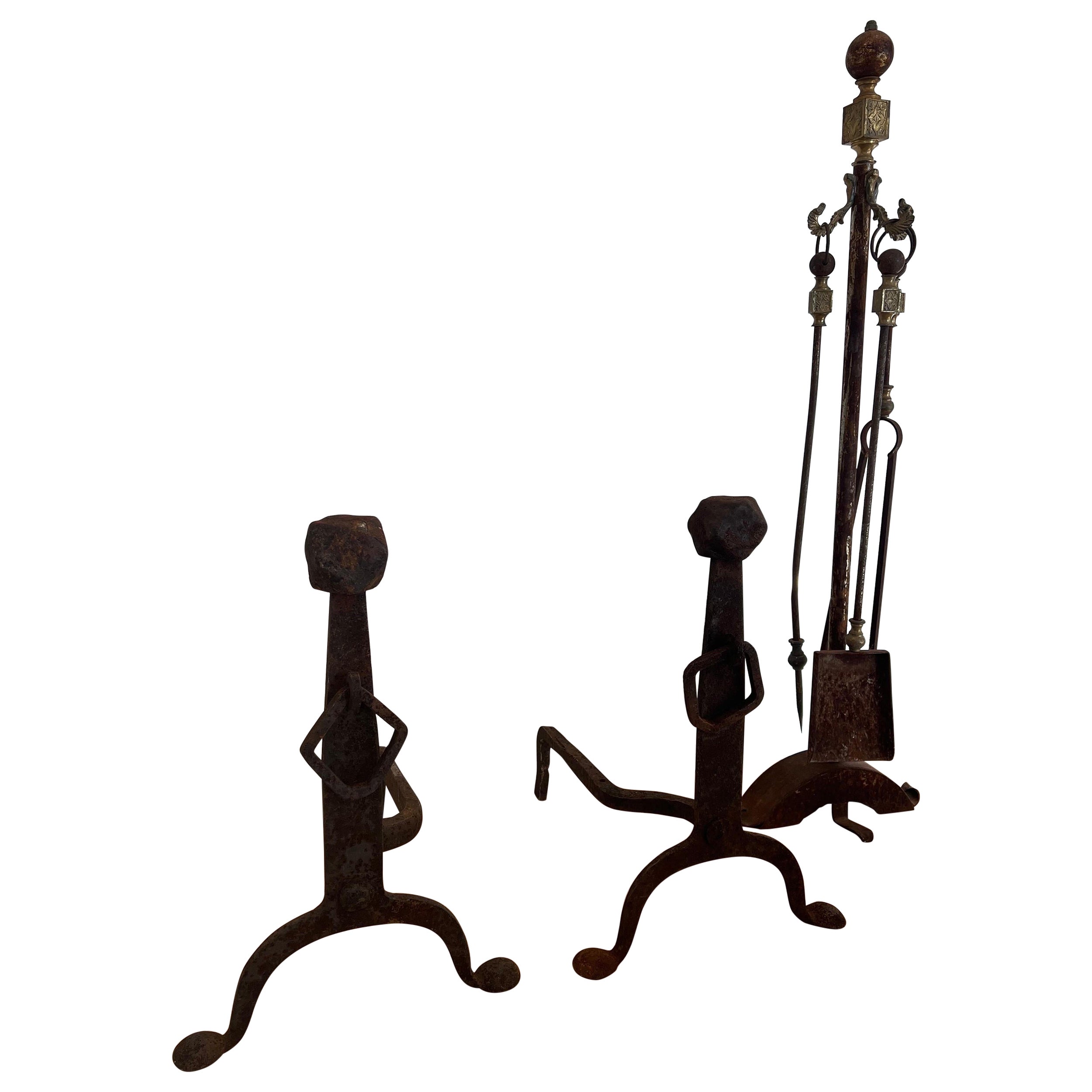 Antique Iron and Brass Fireplace Tools with Andirons