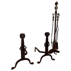 Antique Iron and Brass Fireplace Tools with Andirons