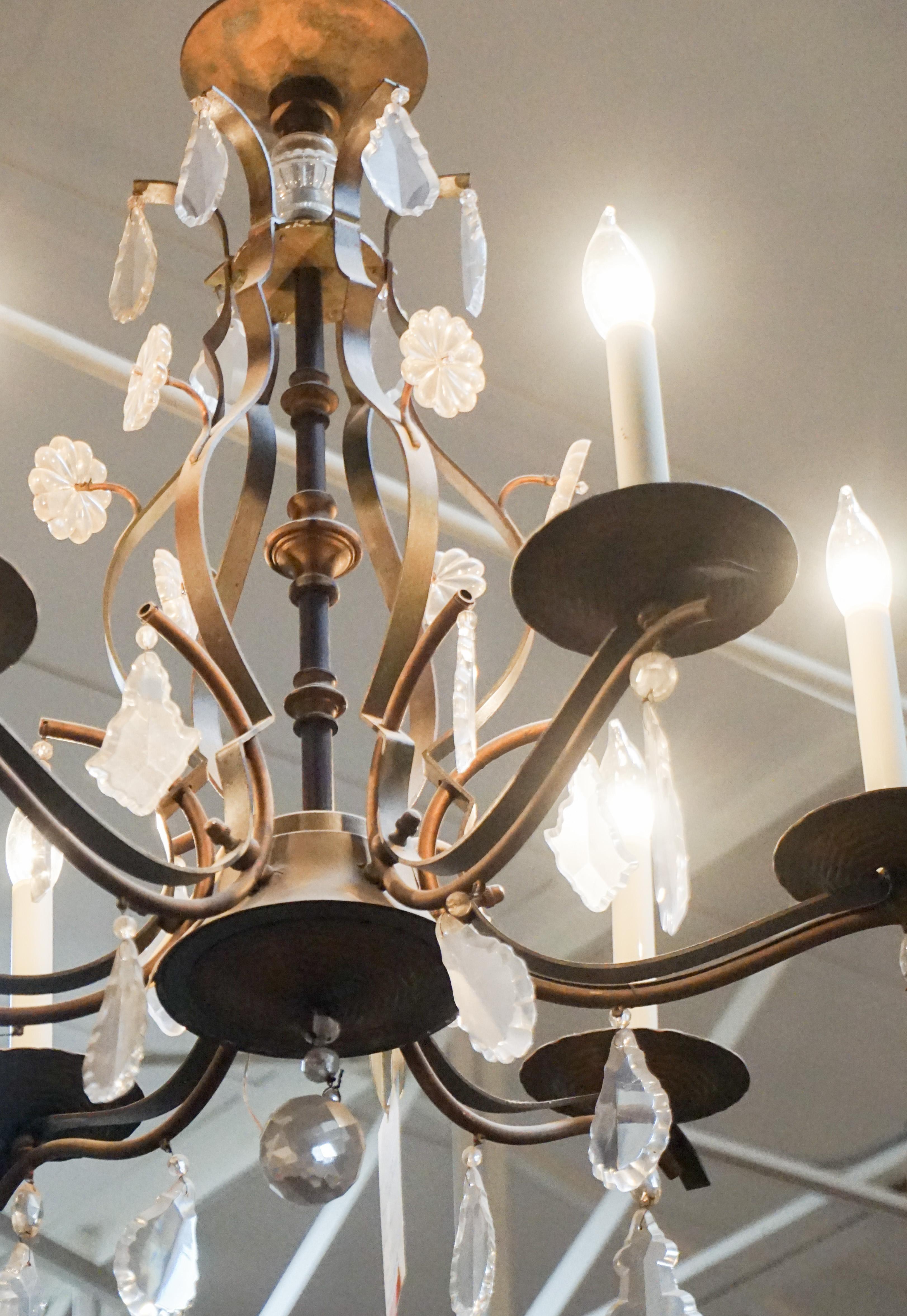 Antique Iron and Crystal Chandelier In Good Condition In Dallas, TX