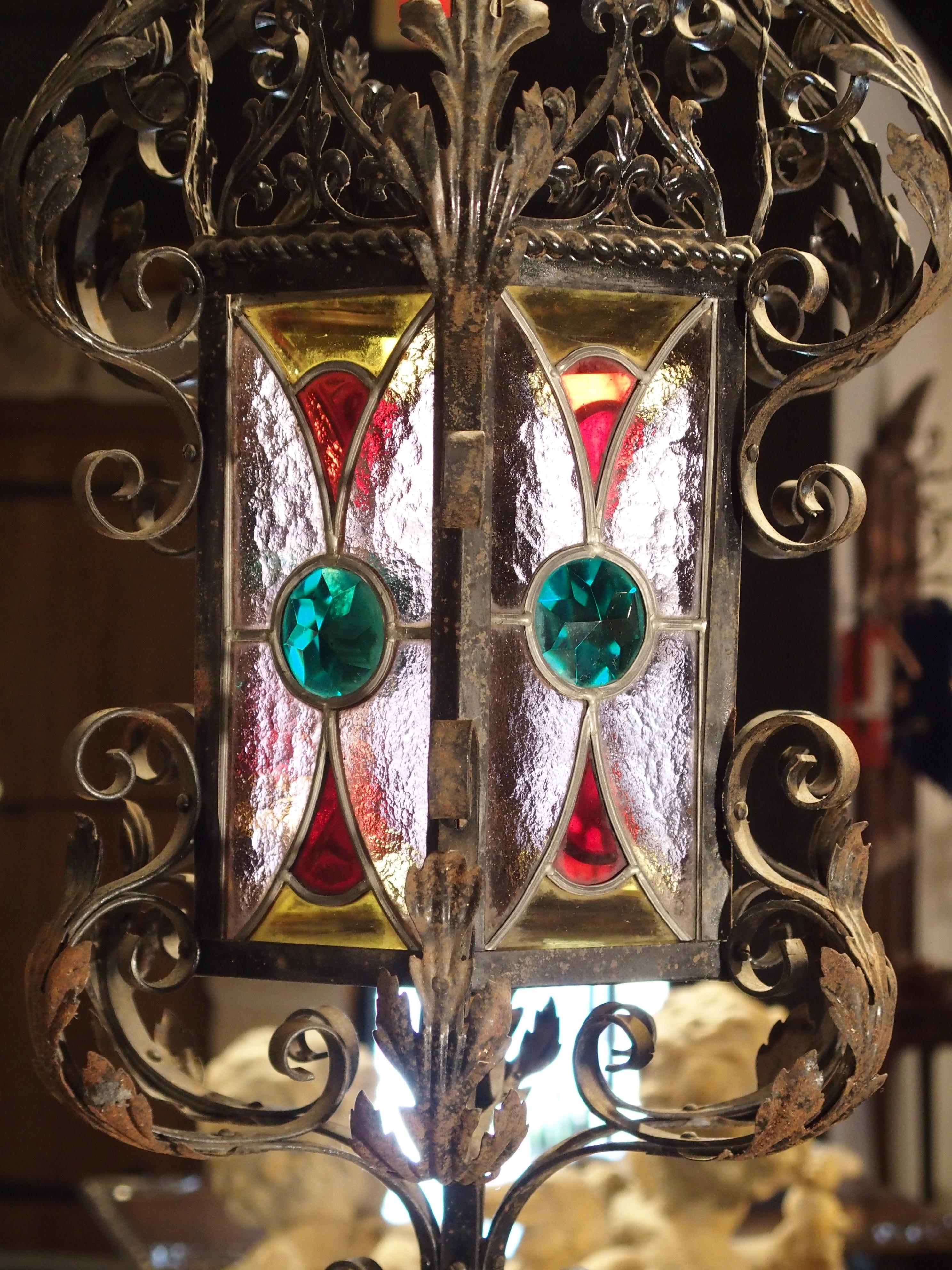 Antique Iron and Stained Glass Lantern from Dijon France, circa 1910 5