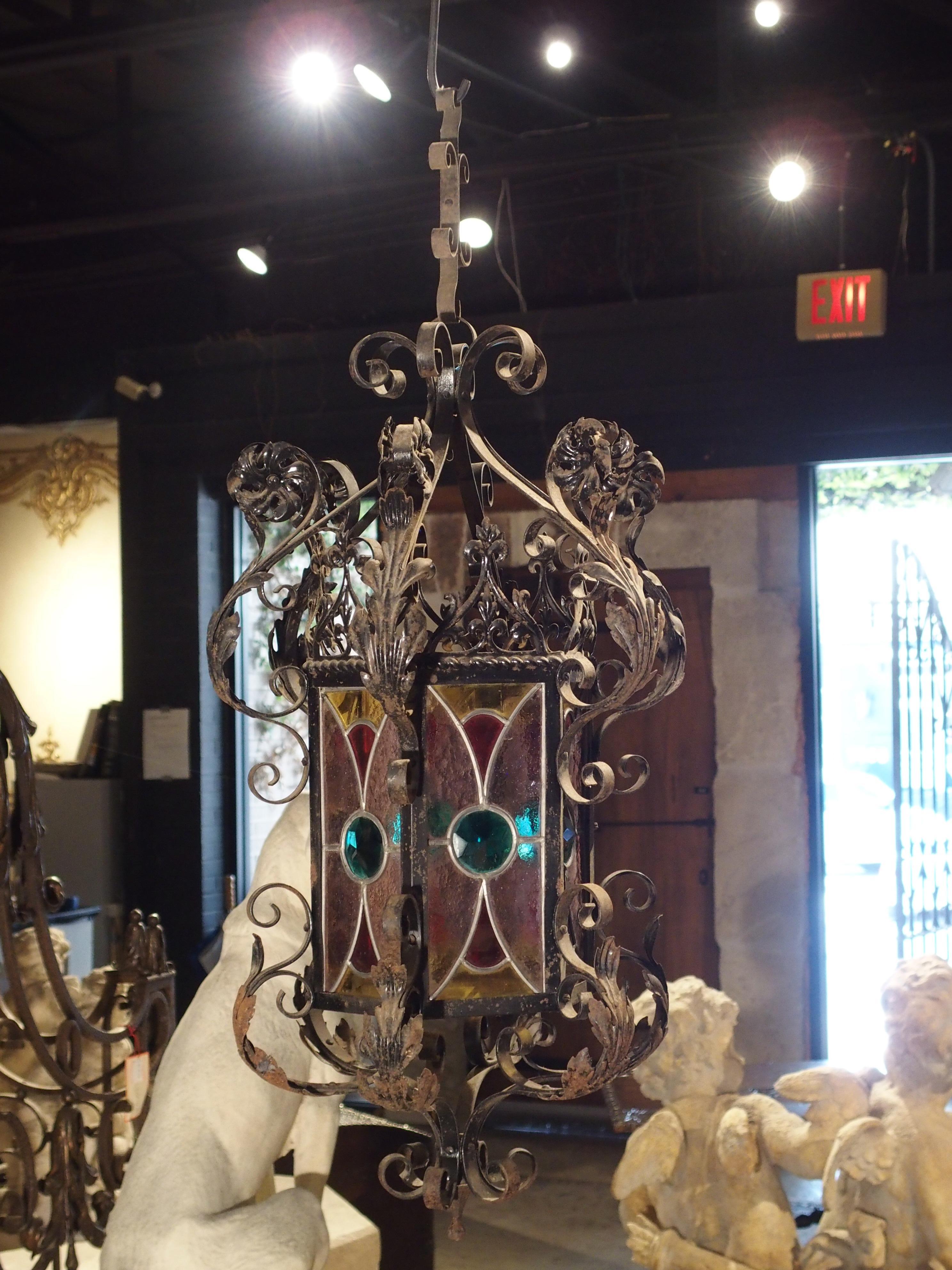 Antique Iron and Stained Glass Lantern from Dijon France, circa 1910 6