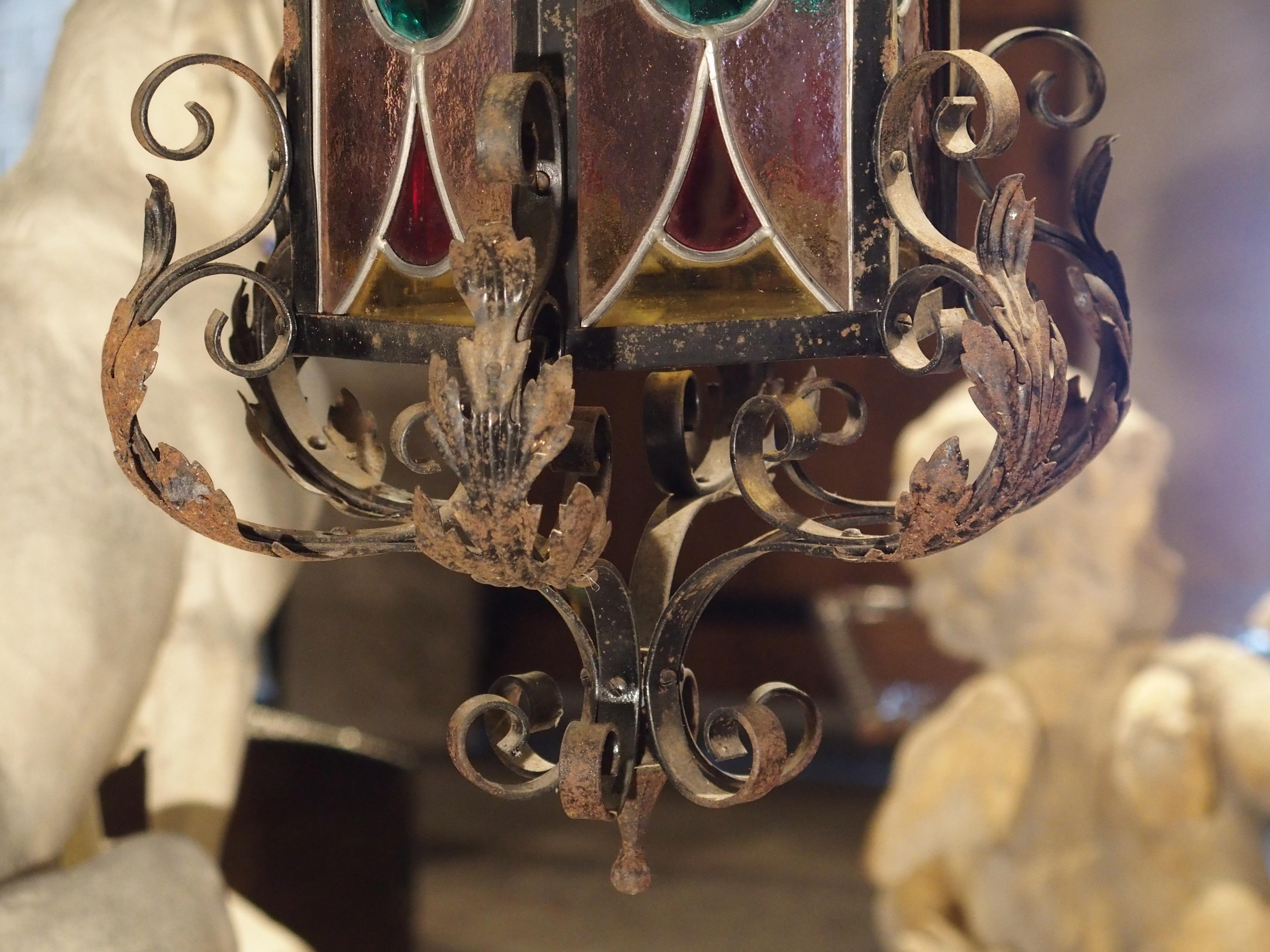 Antique Iron and Stained Glass Lantern from Dijon France, circa 1910 8