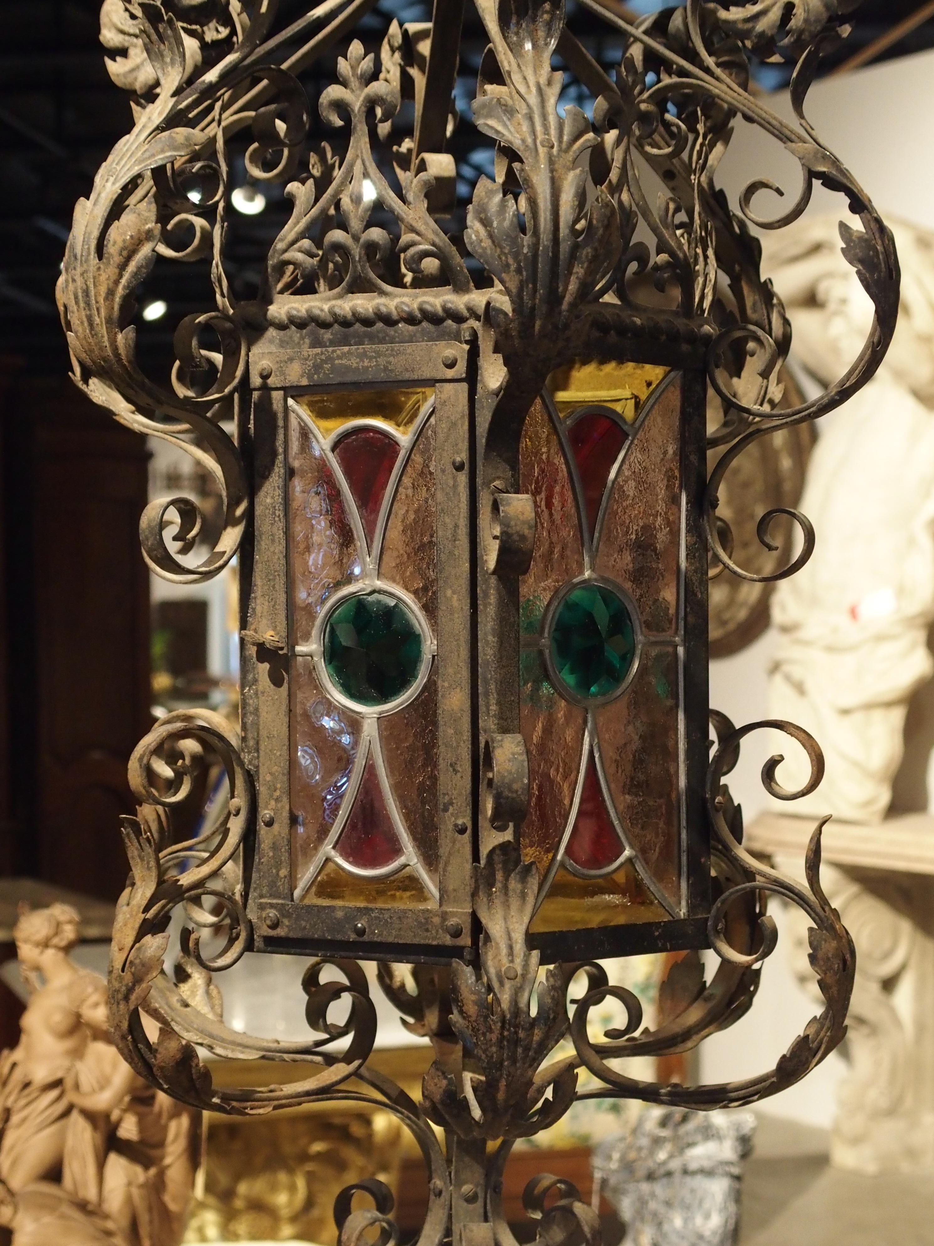 French Antique Iron and Stained Glass Lantern from Dijon France, circa 1910