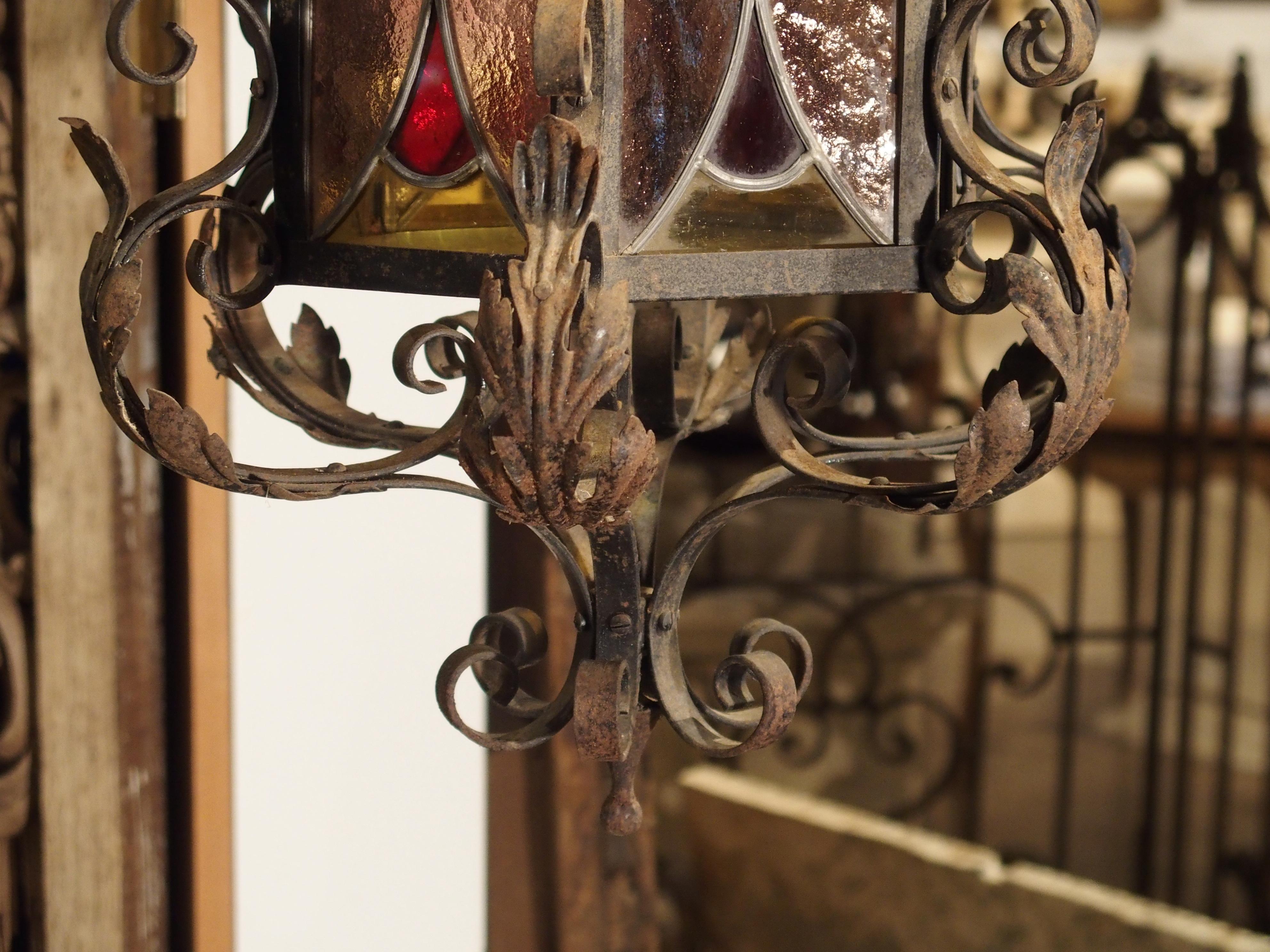 Antique Iron and Stained Glass Lantern from Dijon France, circa 1910 1