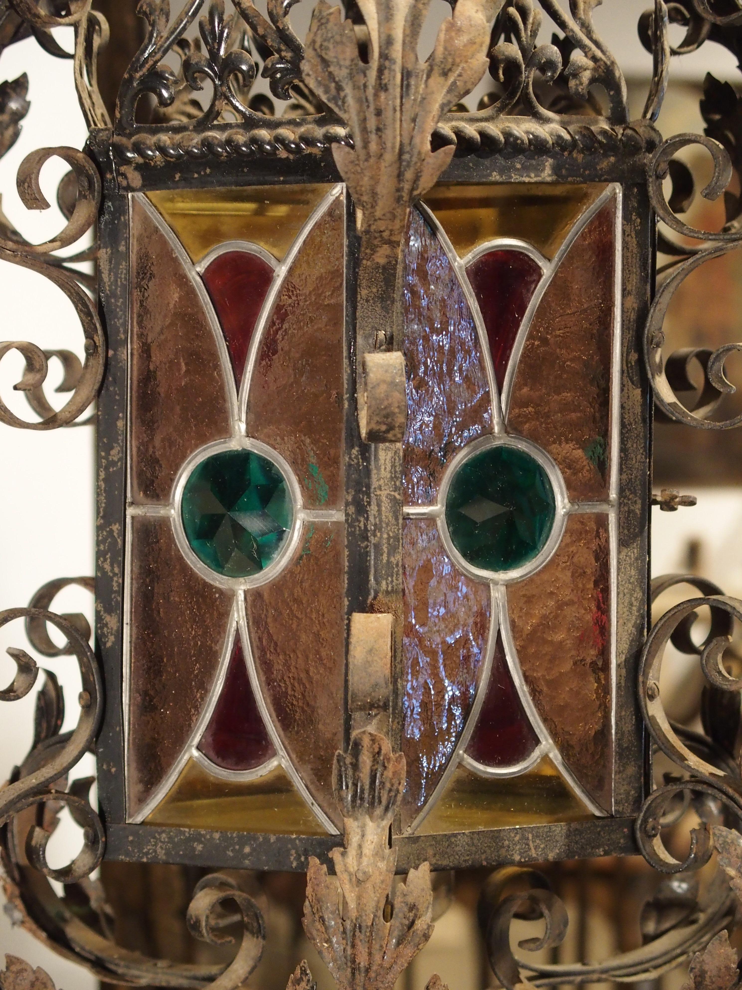 Antique Iron and Stained Glass Lantern from Dijon France, circa 1910 4