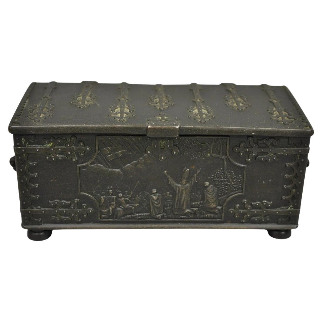 Antique "Iron Art" Denmark Bronze Trinket Jewelry Box Casket "Battle of Estonia" For Sale