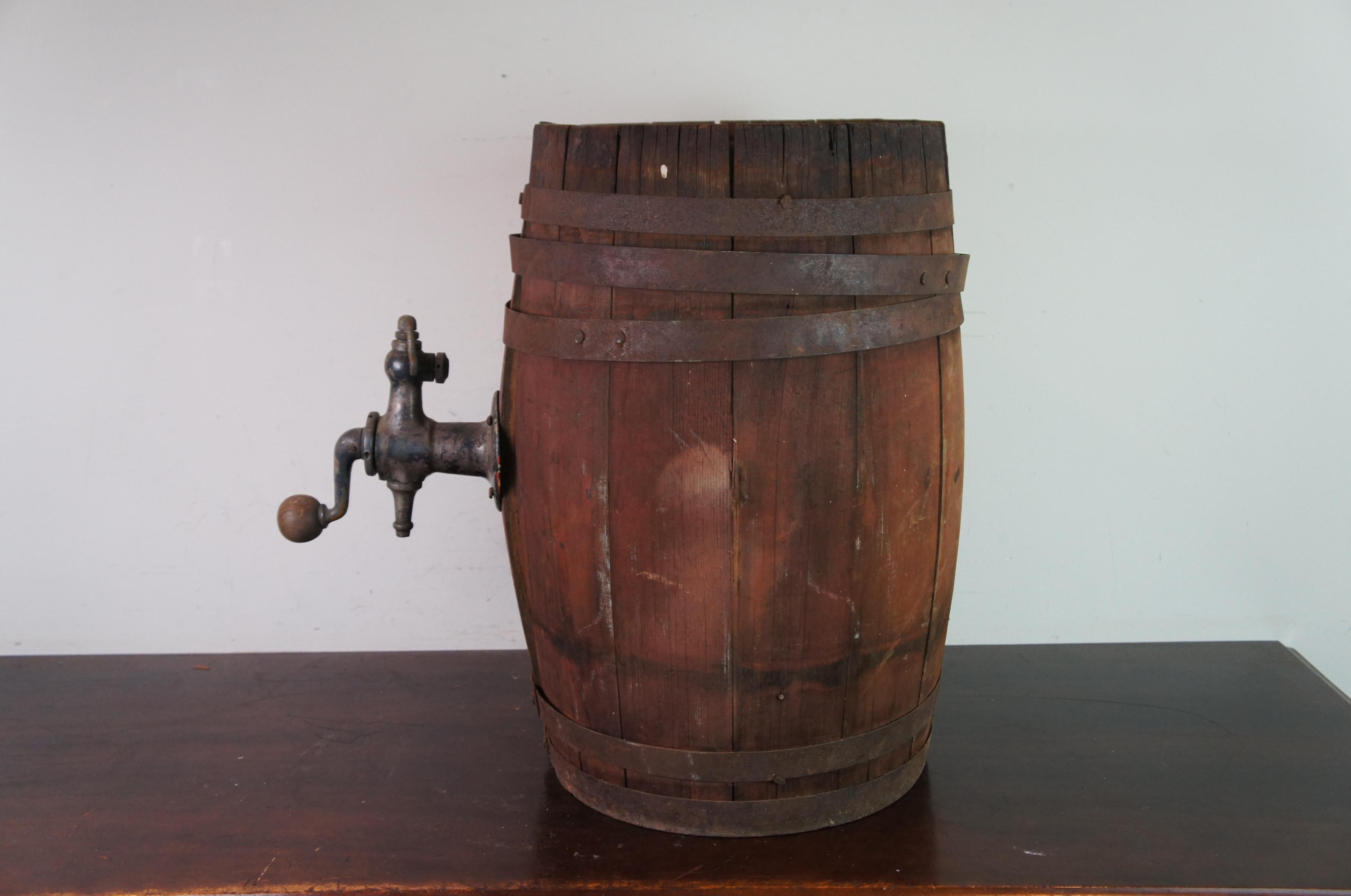 Victorian Antique Iron Banded Wood Whiskey Beer Barrel Keg Dispenser w Spigot Crank Tap 22