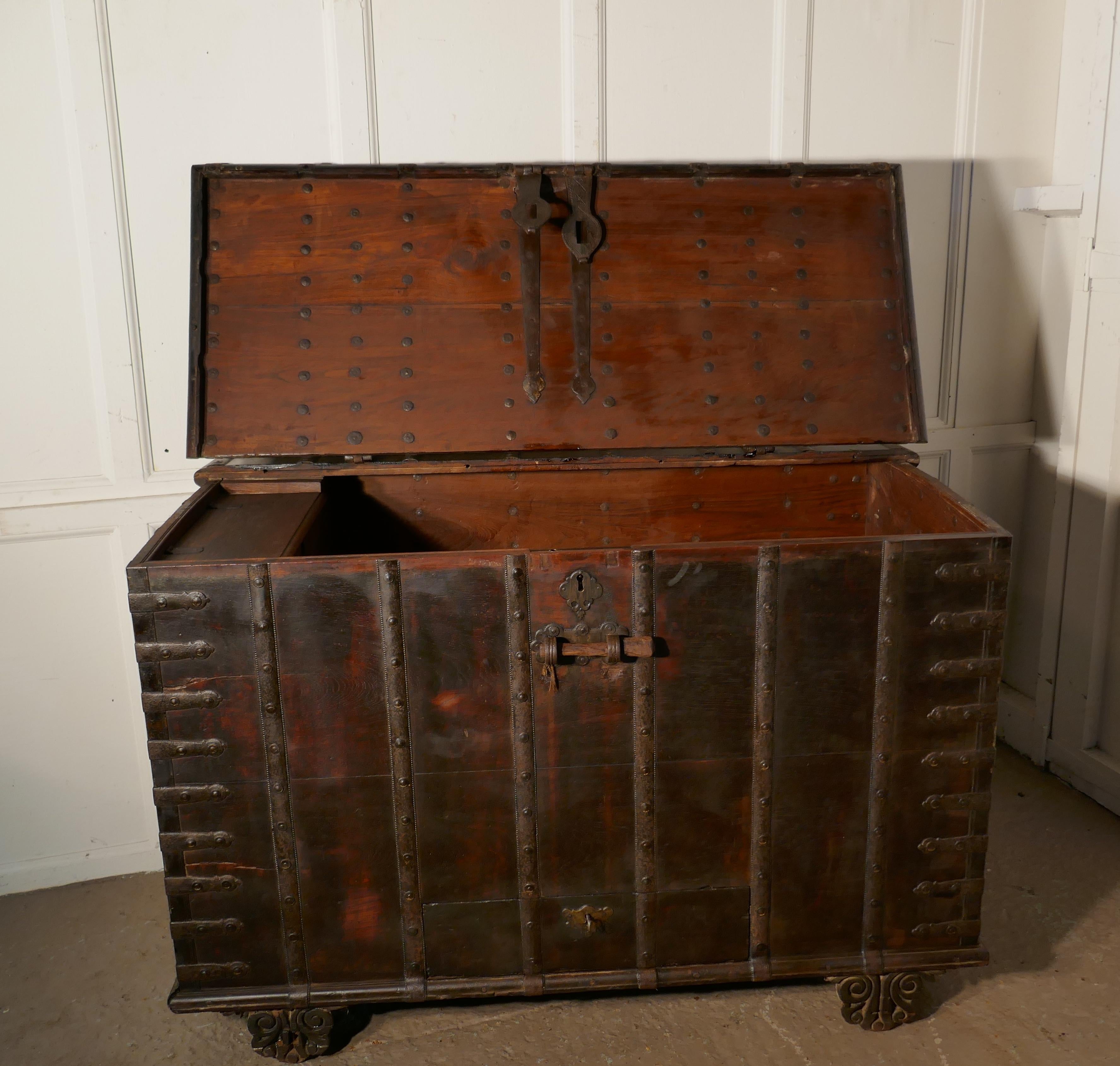 Anglo-Indian Antique Iron Bound Merchants Chest with Hidden Compartments For Sale