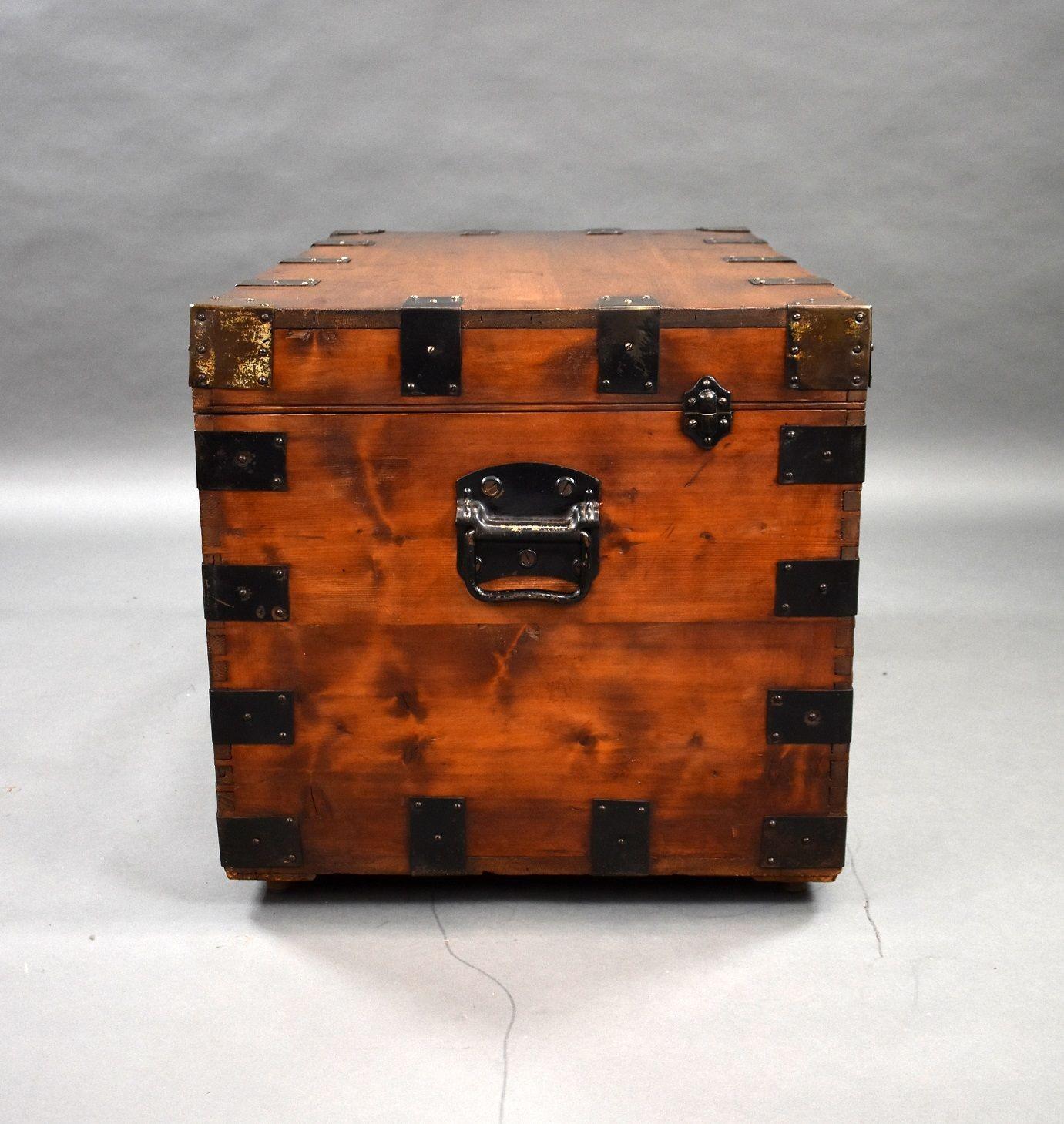 19th Century Antique Iron Bound Pine Trunk For Sale