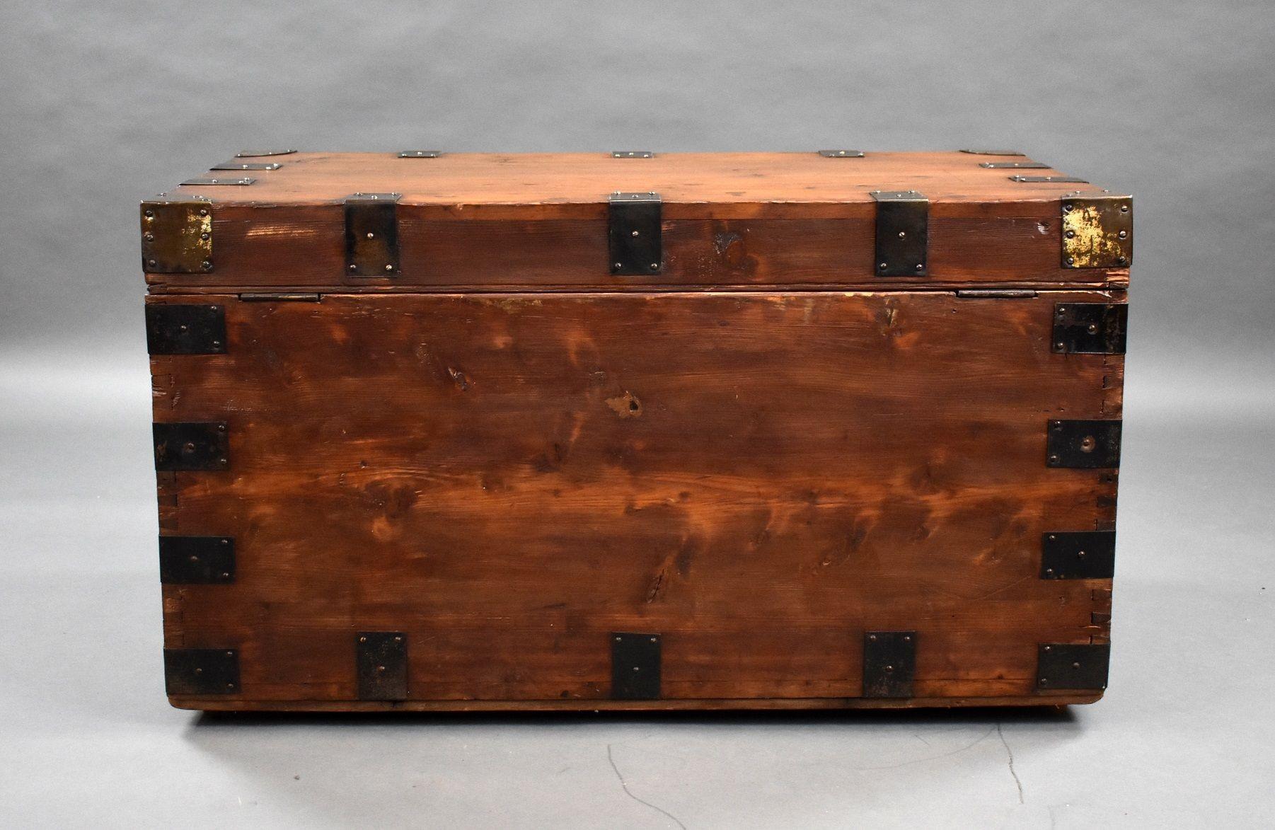 Antique Iron Bound Pine Trunk For Sale 1