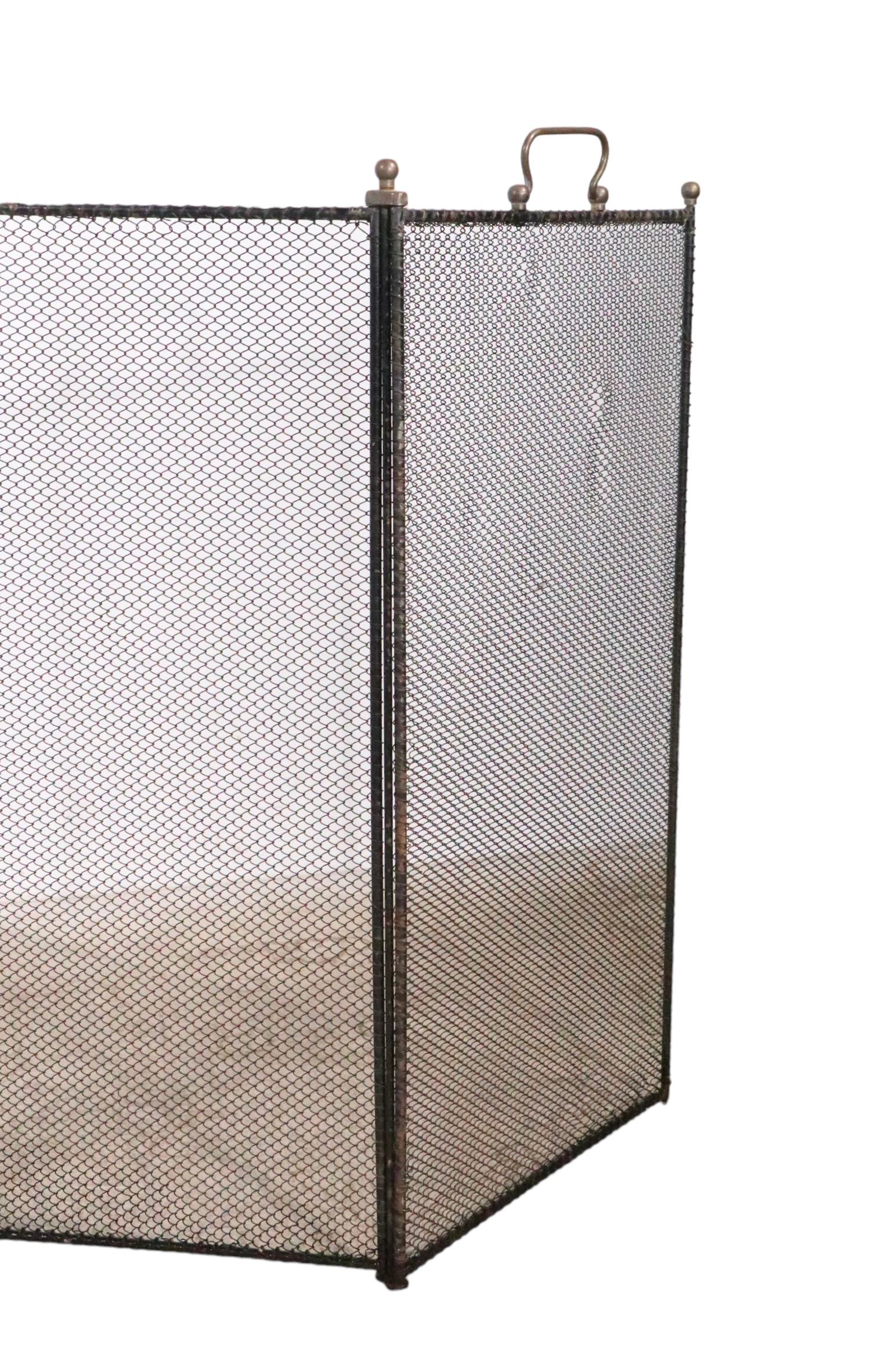 Antique Iron Brass and Mesh Four Panel Folding   Fireplace Screen  1