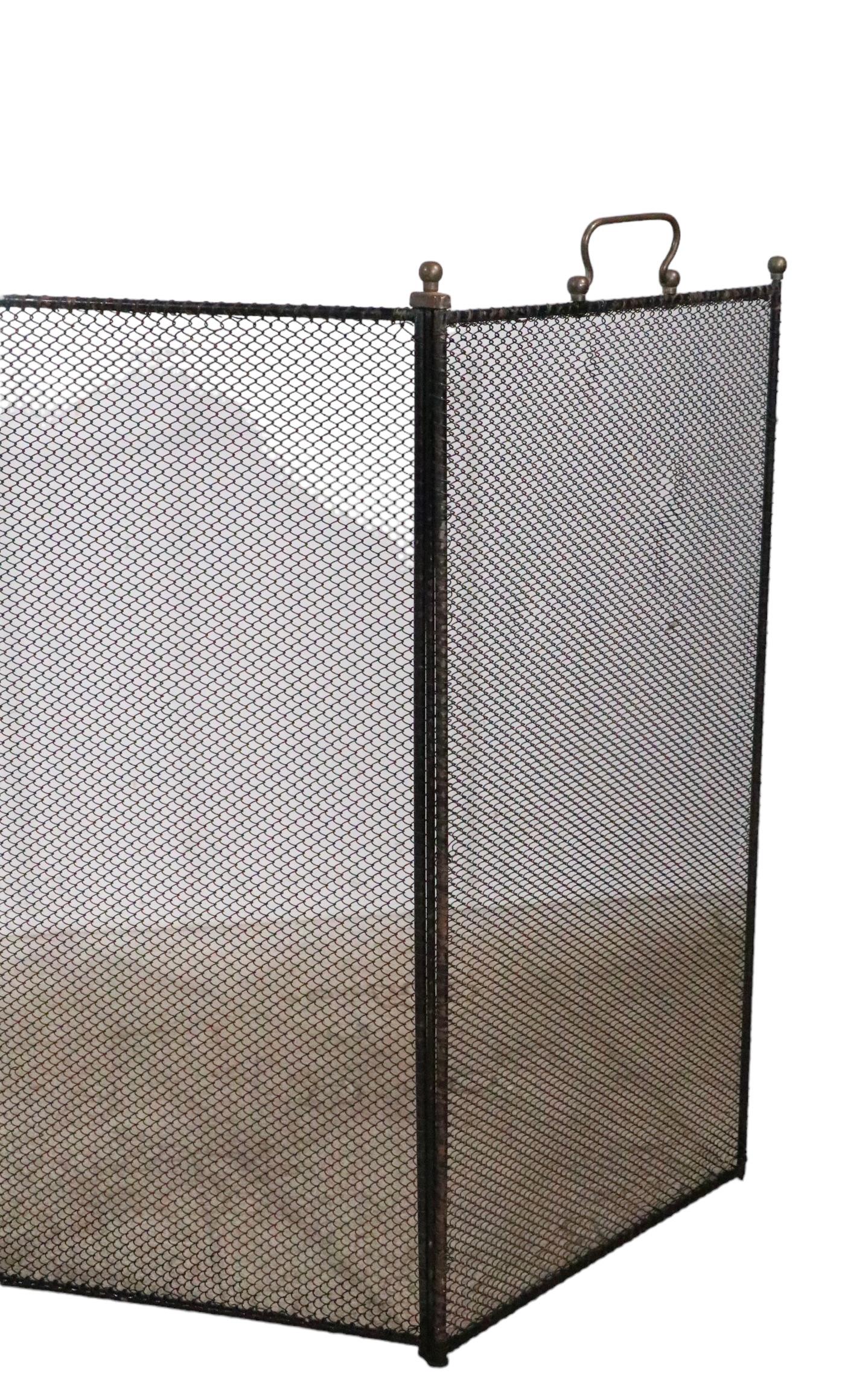 Antique Iron Brass and Mesh Four Panel Folding   Fireplace Screen  2