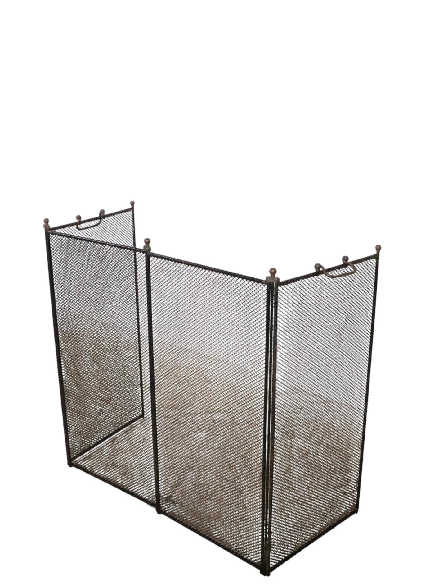 American Classical Antique Iron Brass and Mesh Four Panel Folding   Fireplace Screen 