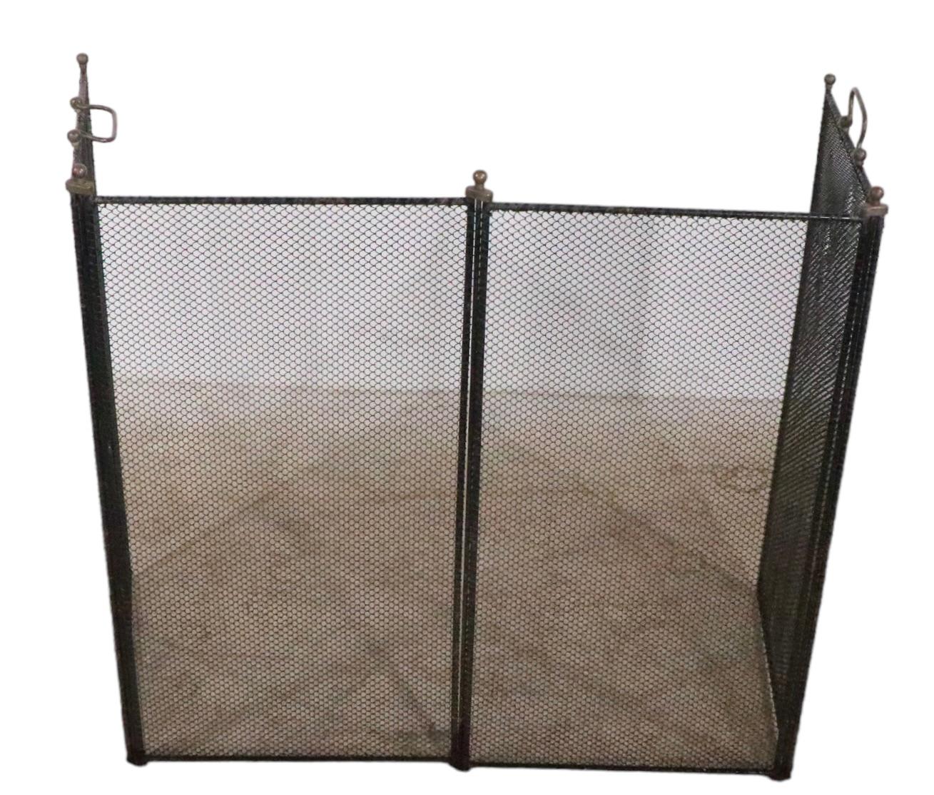 American Antique Iron Brass and Mesh Four Panel Folding   Fireplace Screen 