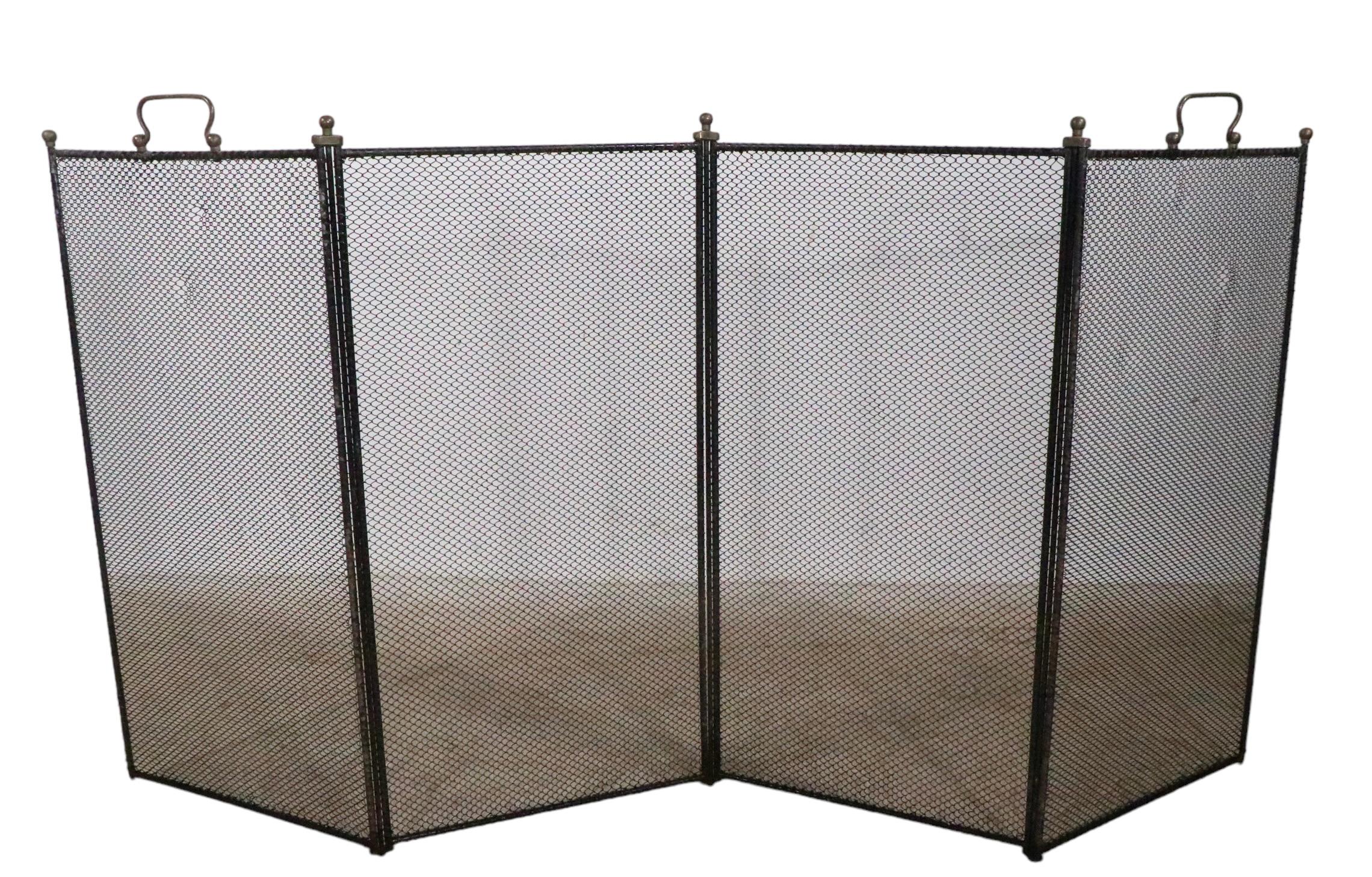 20th Century Antique Iron Brass and Mesh Four Panel Folding   Fireplace Screen 