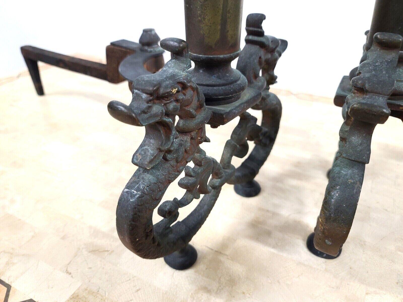 Antique Iron & Brass Dragons Fireplace Andirons, a Pair For Sale 7