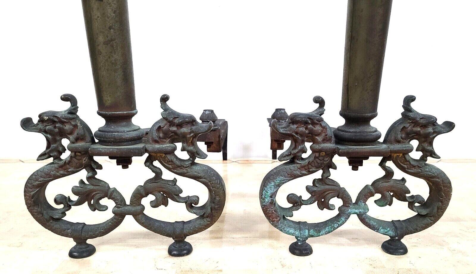 For FULL item description be sure to click on CONTINUE READING at the bottom of this listing.

Offering one of our recent Palm beach estate fine furniture acquisitions of a
pair of antique iron & brass dragons fireplace andirons.

Approximate