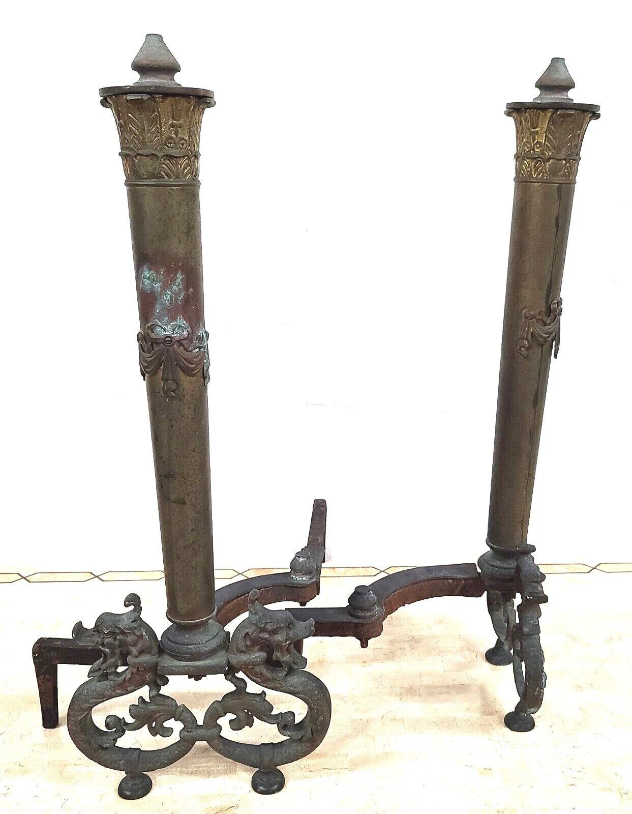 19th Century Antique Iron & Brass Dragons Fireplace Andirons, a Pair For Sale