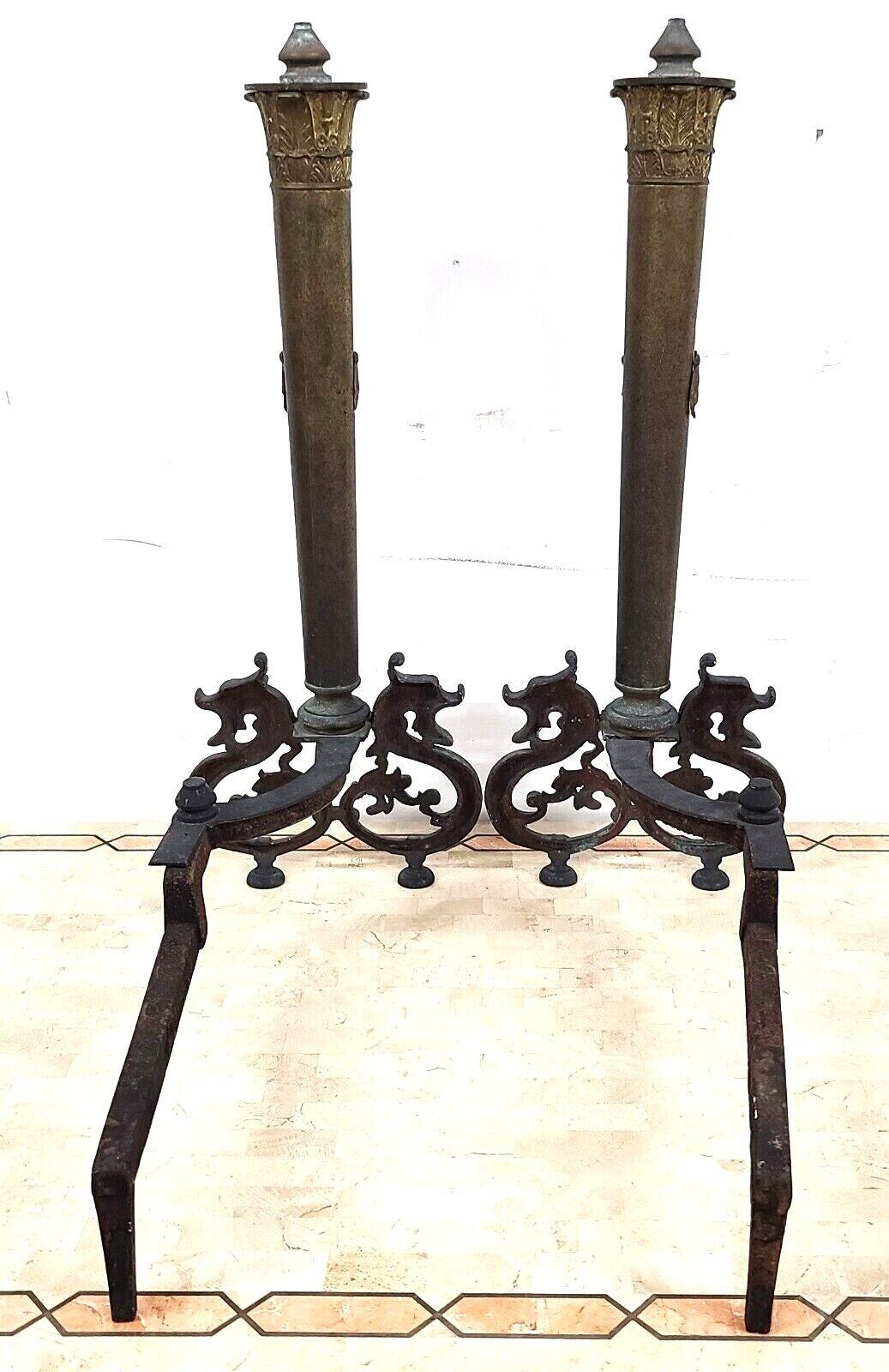 Antique Iron & Brass Dragons Fireplace Andirons, a Pair For Sale 3