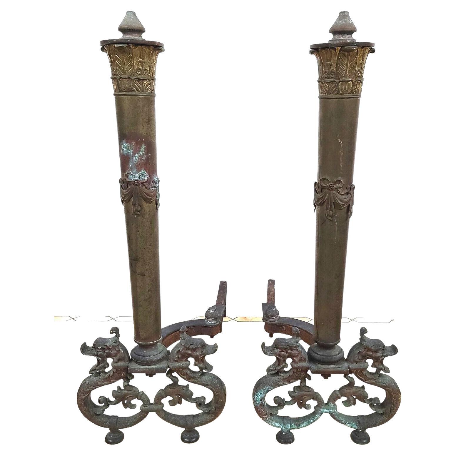 Antique Iron & Brass Dragons Fireplace Andirons, a Pair For Sale